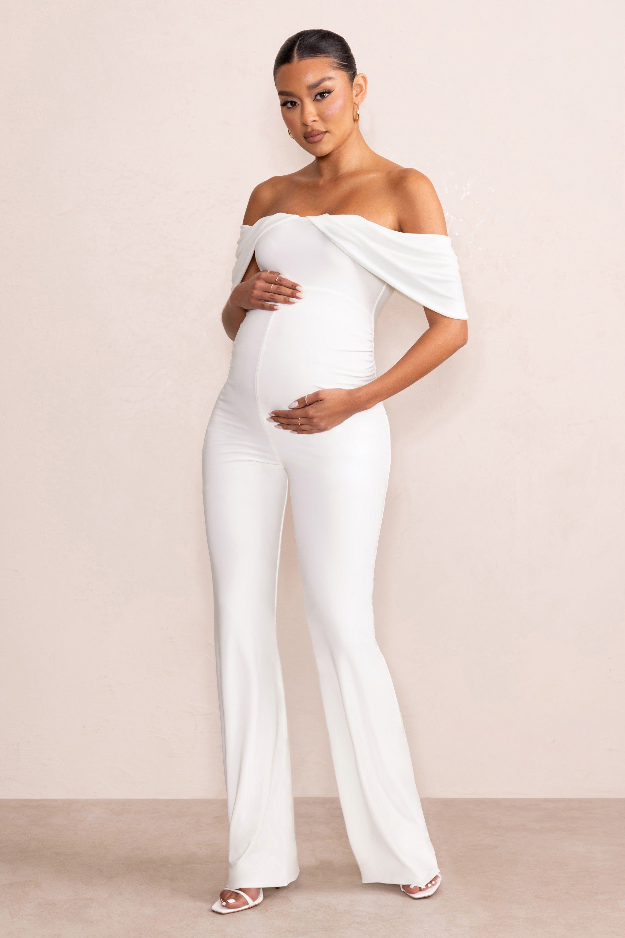 Renata | White Draped Sleeve Bardot Maternity Jumpsuit sold by Club L London