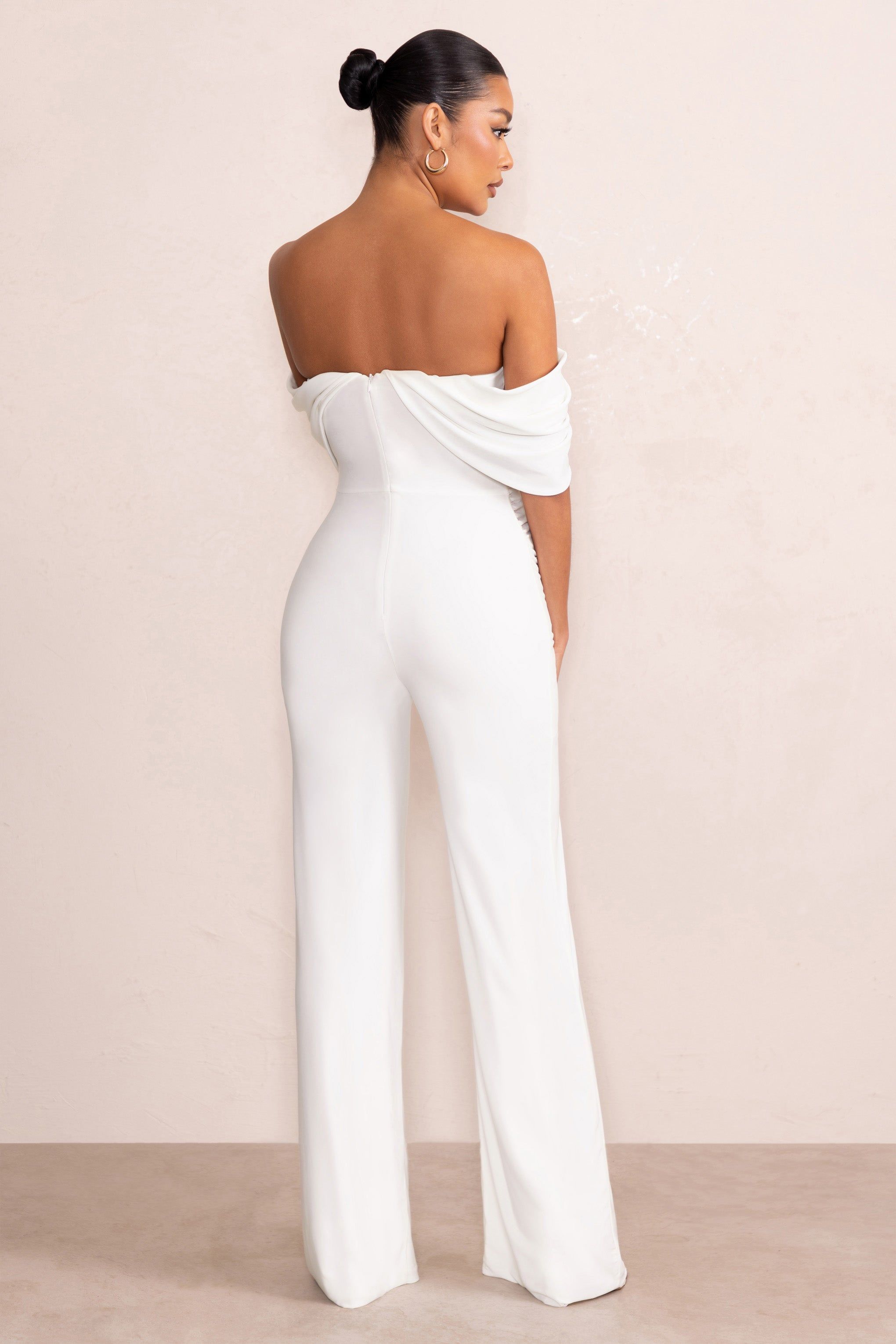 Renata | White Draped Sleeve Bardot Maternity Jumpsuit sold by Club L London product image thumbnail 2