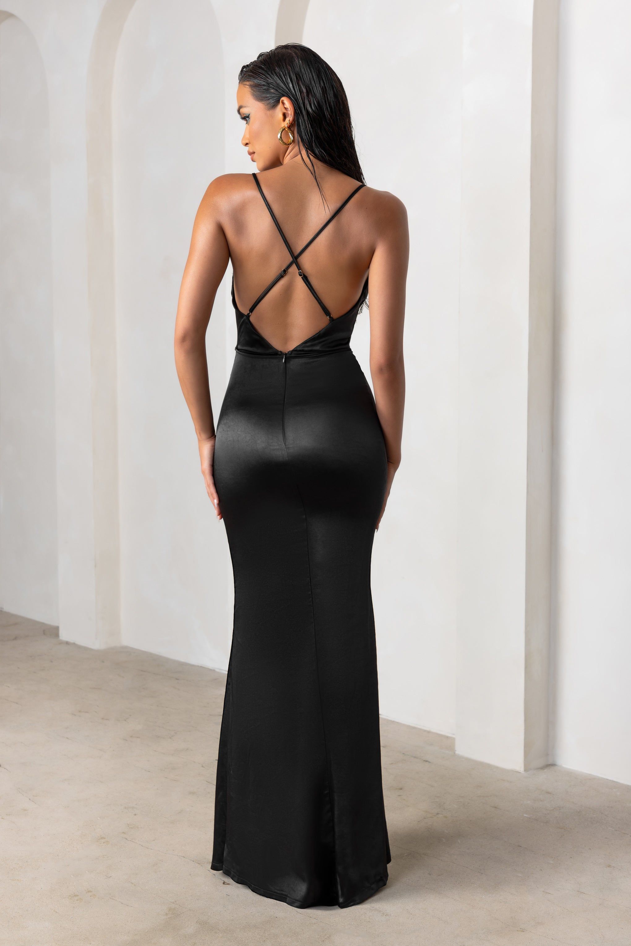 Lifetime | Black Satin Cowl Neck Maxi Dress With Cross Back Detail sold by Club L London product image thumbnail 2