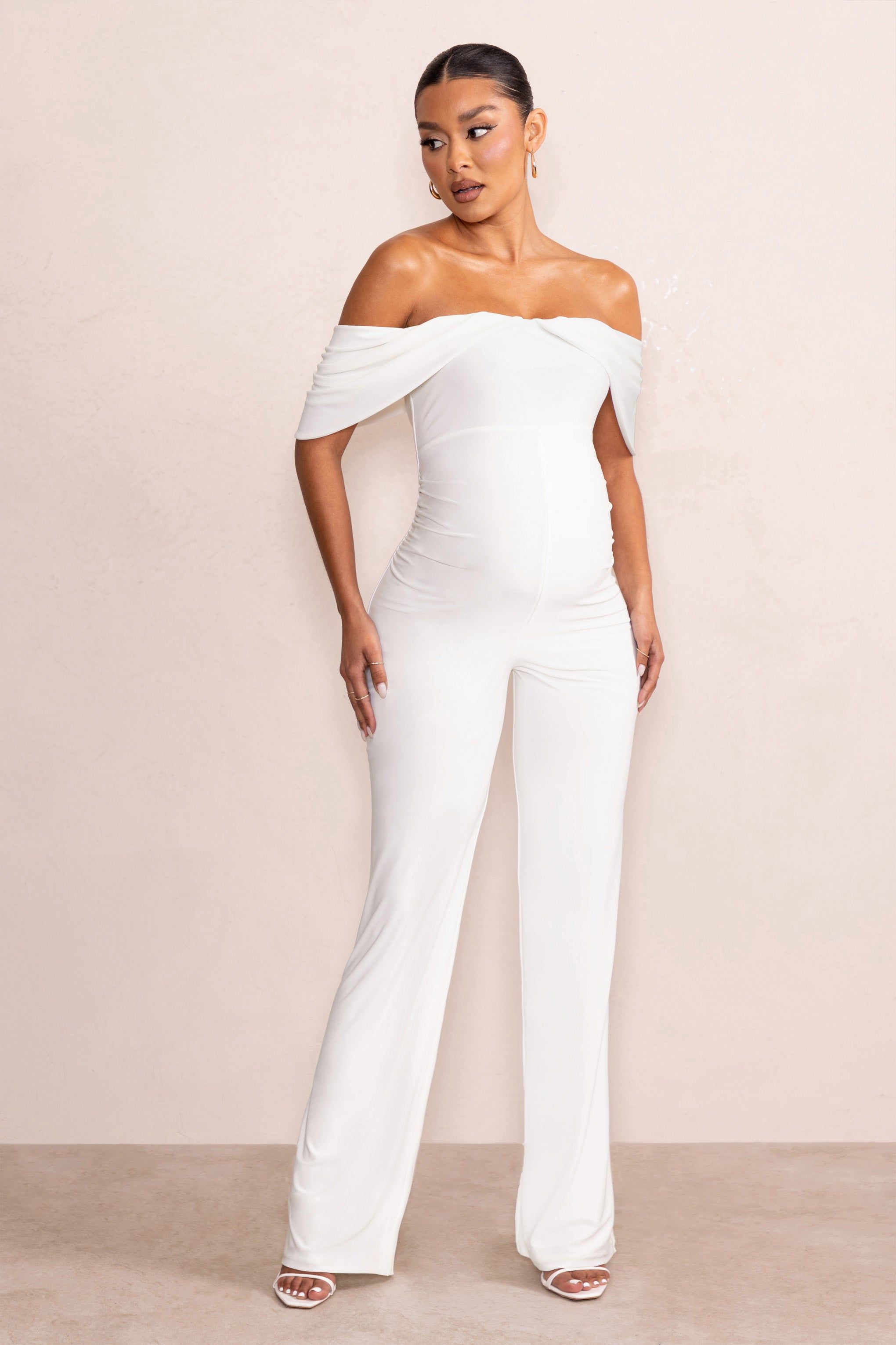 Renata | White Draped Sleeve Bardot Maternity Jumpsuit sold by Club L London product image thumbnail 4