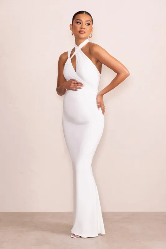 Alba | White Maternity Halter Asymmetric Maxi Dress with Cut Out sold by Club L London