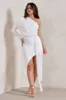 Catherine | White One Sleeve Asymmetric Midi Dress With Statement Drape sold by Club L London