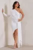 Catherine | White One Sleeve Asymmetric Midi Dress With Statement Drape sold by Club L London