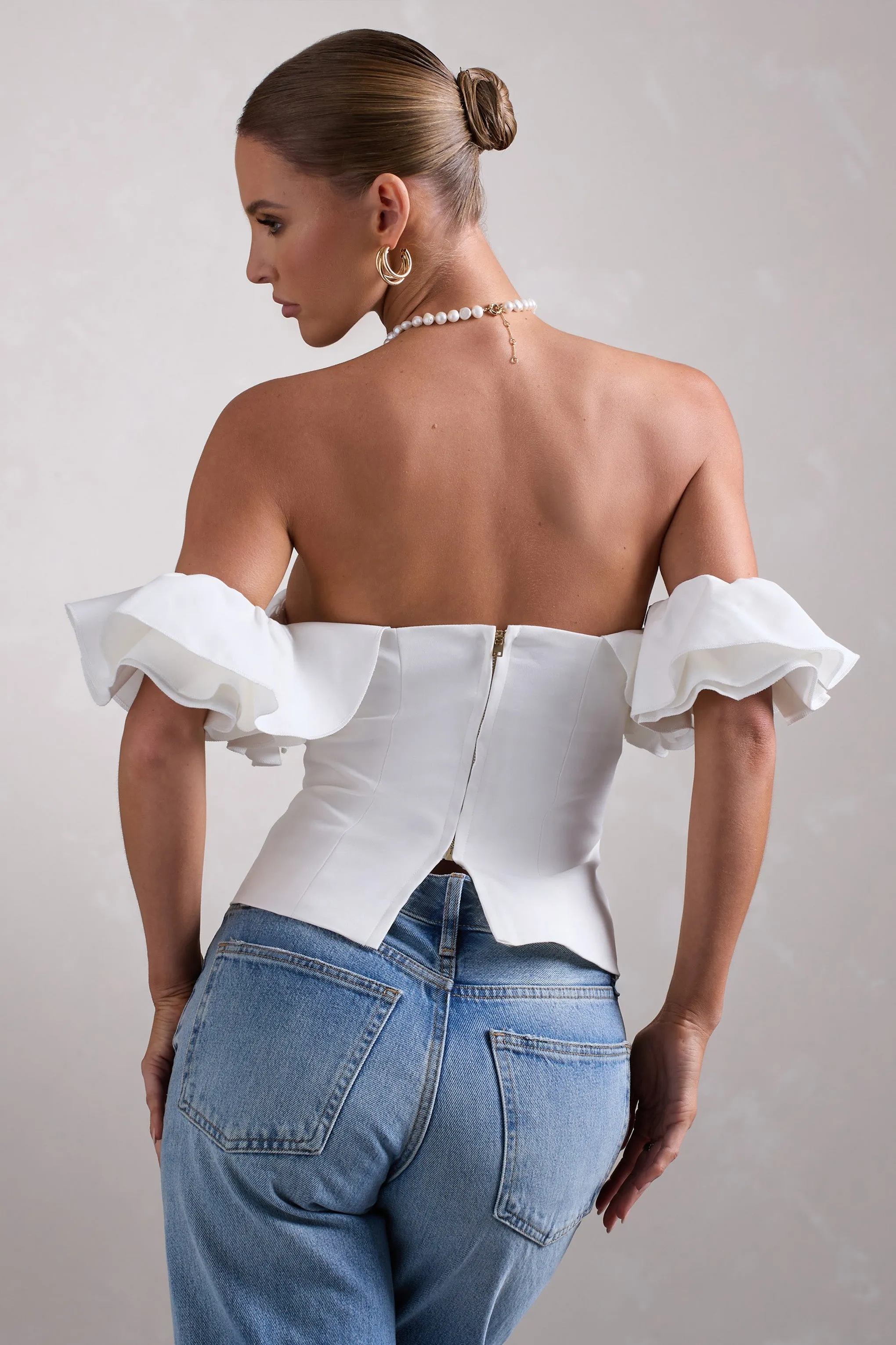 Naturally | White Cotton-Blend Structured Bardot Top sold by Club L London product image thumbnail 2
