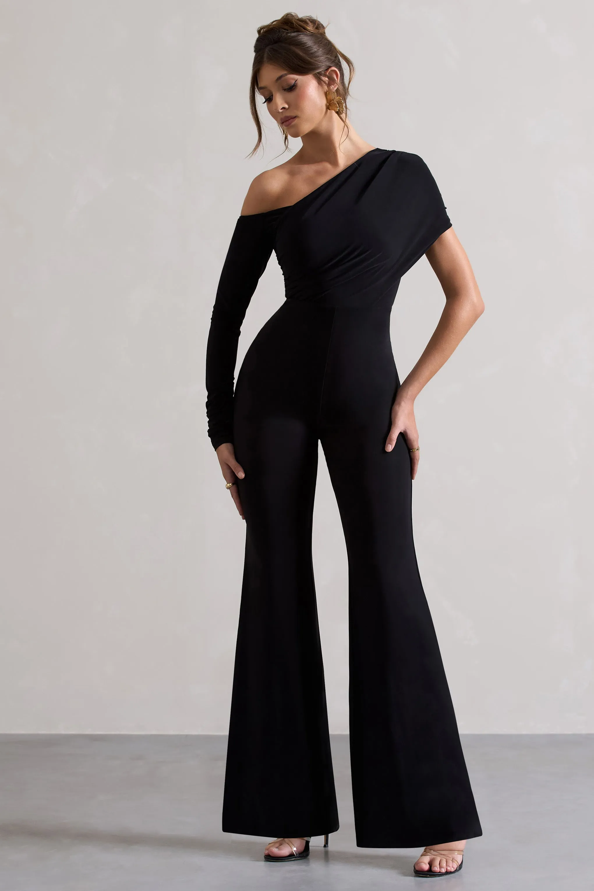 Rotate | Black Ruched Asymmetric Cut-Out Flared-Leg Jumpsuit sold by Club L London product image thumbnail 5