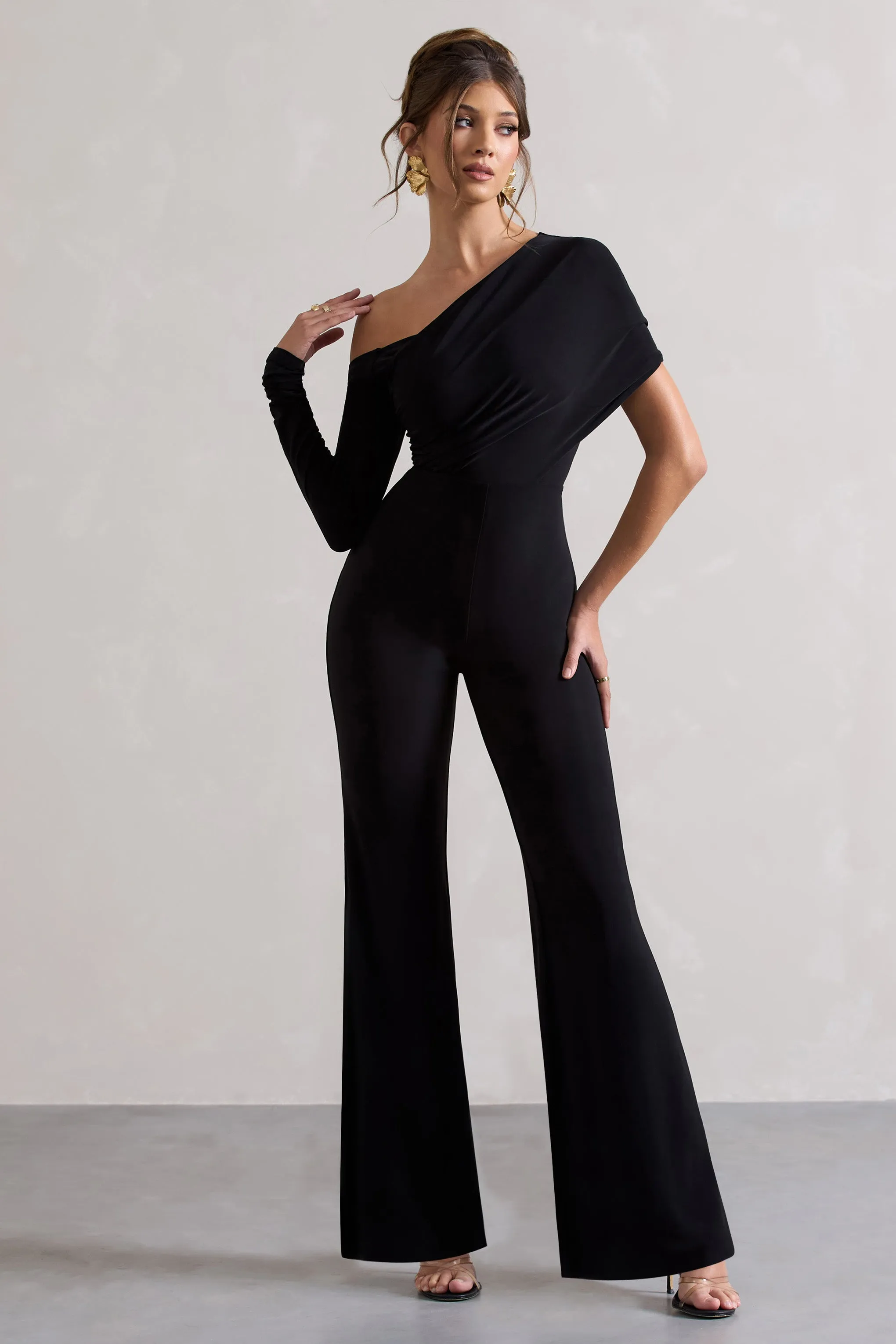 Rotate | Black Ruched Asymmetric Cut-Out Flared-Leg Jumpsuit sold by Club L London product image thumbnail 4