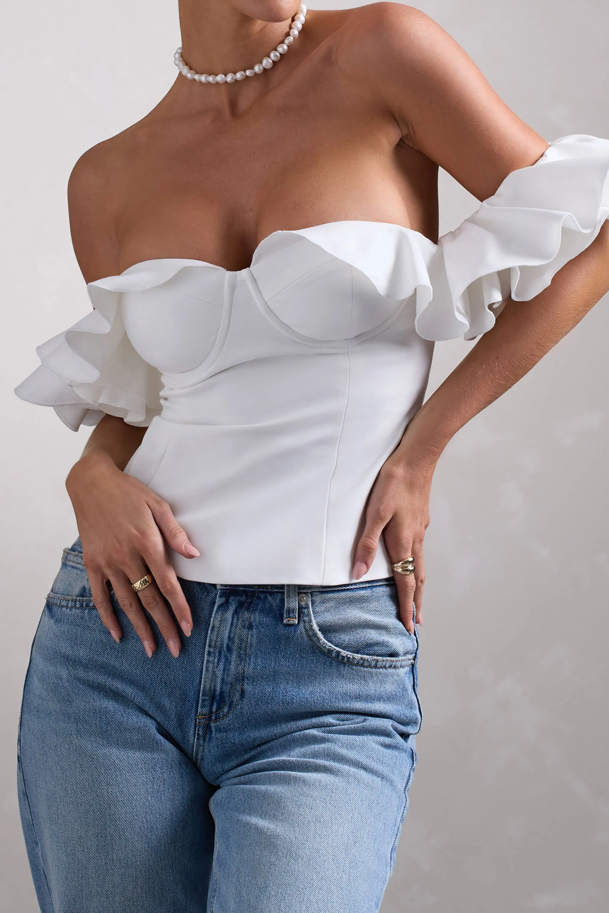 Naturally | White Cotton-Blend Structured Bardot Top sold by Club L London product image thumbnail 4