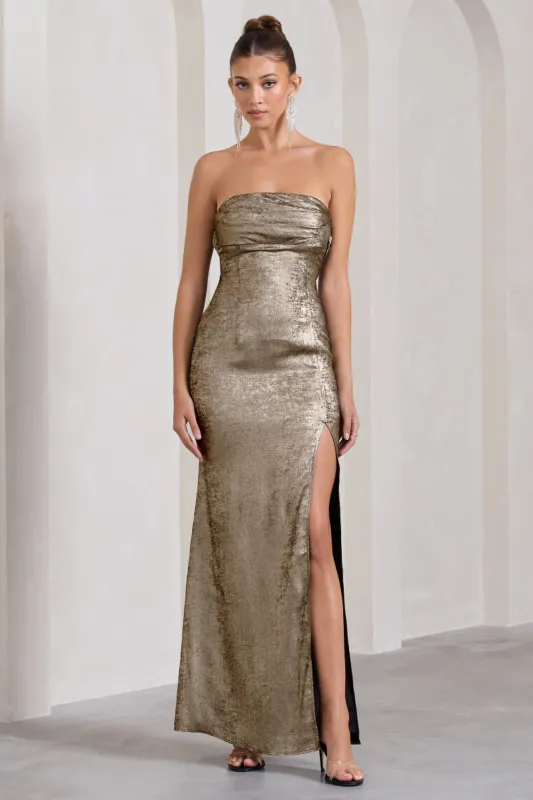 Showstopper | Gold Metallic Strapless Open-Back Split Maxi Dress sold by Club L London