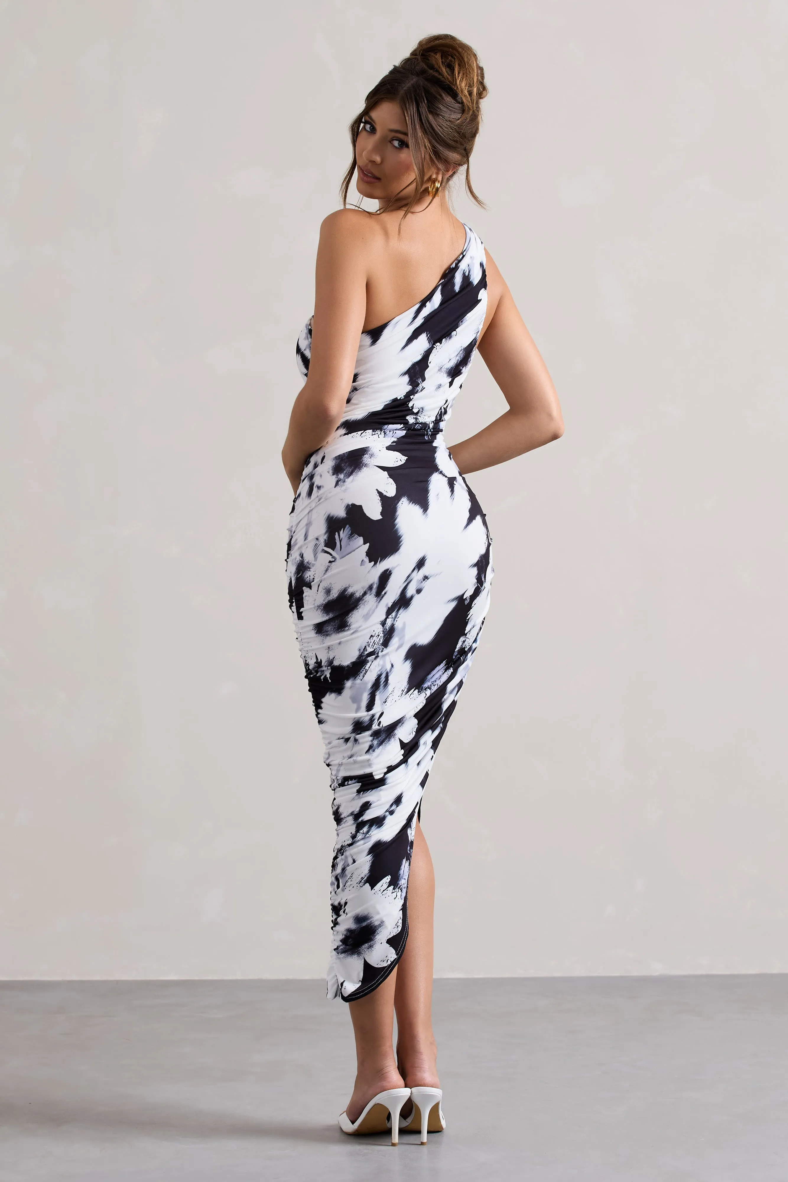 Dorit | Monochrome Floral Print One Shoulder Asymmetric Ruched Midi Dress sold by Club L London product image thumbnail 2