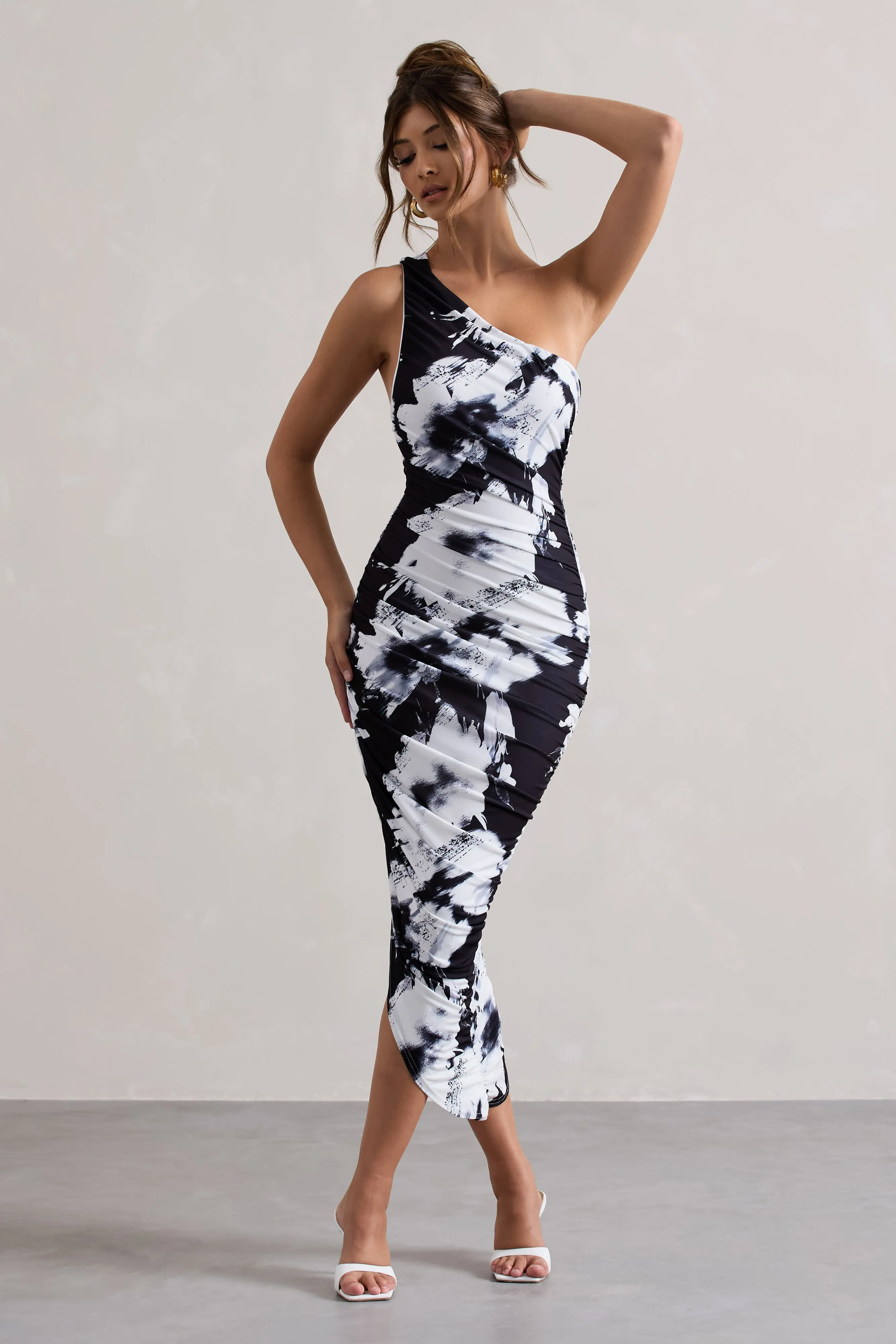 Dorit | Monochrome Floral Print One Shoulder Asymmetric Ruched Midi Dress sold by Club L London product image thumbnail 5