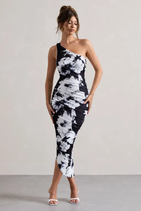 Dorit | Monochrome Floral Print One Shoulder Asymmetric Ruched Midi Dress sold by Club L London