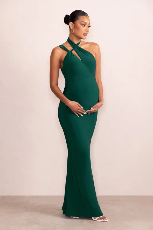 Alba | Bottle Green Maternity Halter Asymmetric Maxi Dress with Cut Out sold by Club L London