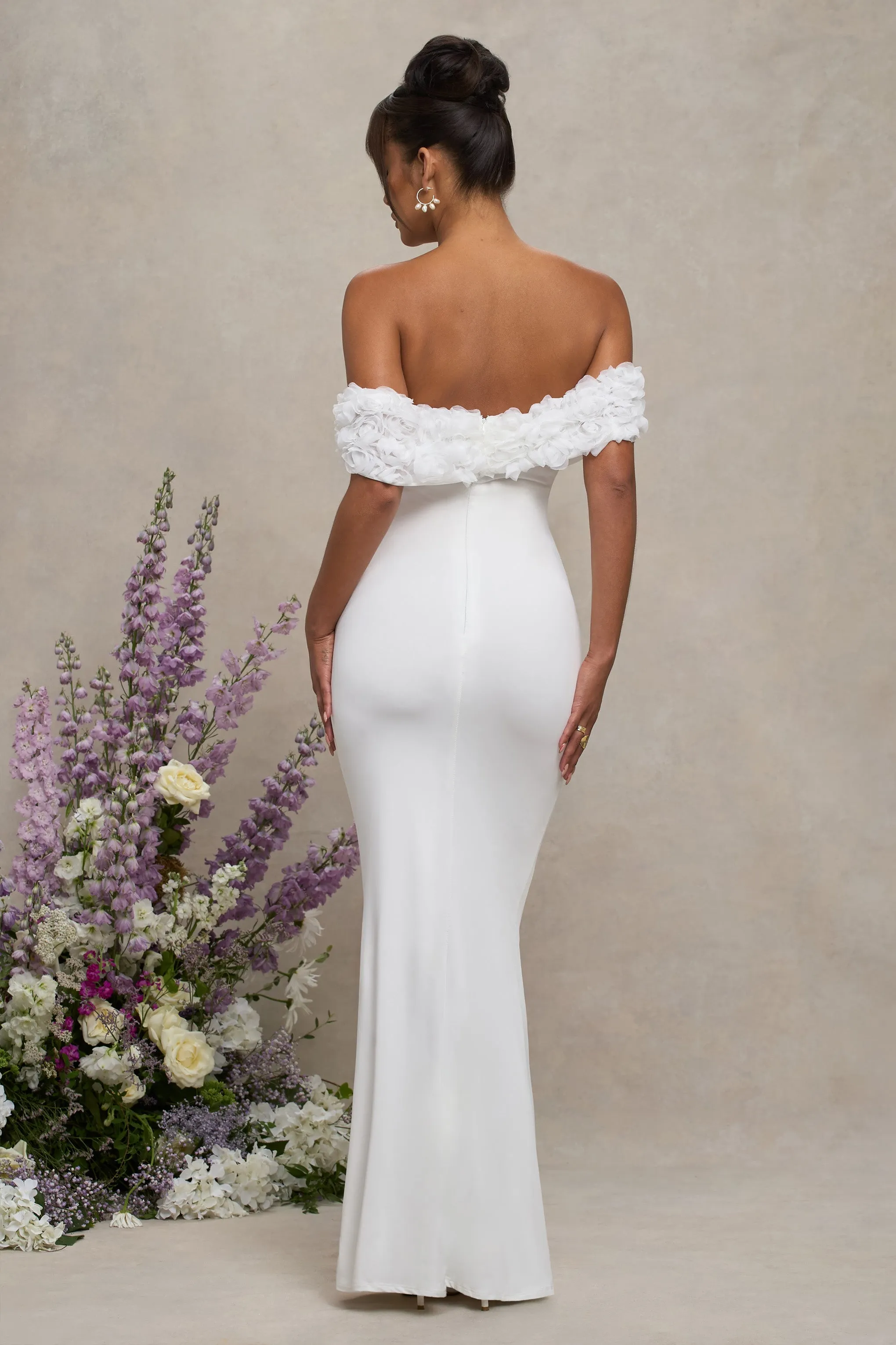 Inflorescence | White Mesh Floral Bardot Maternity Maxi Dress sold by Club L London product image thumbnail 2