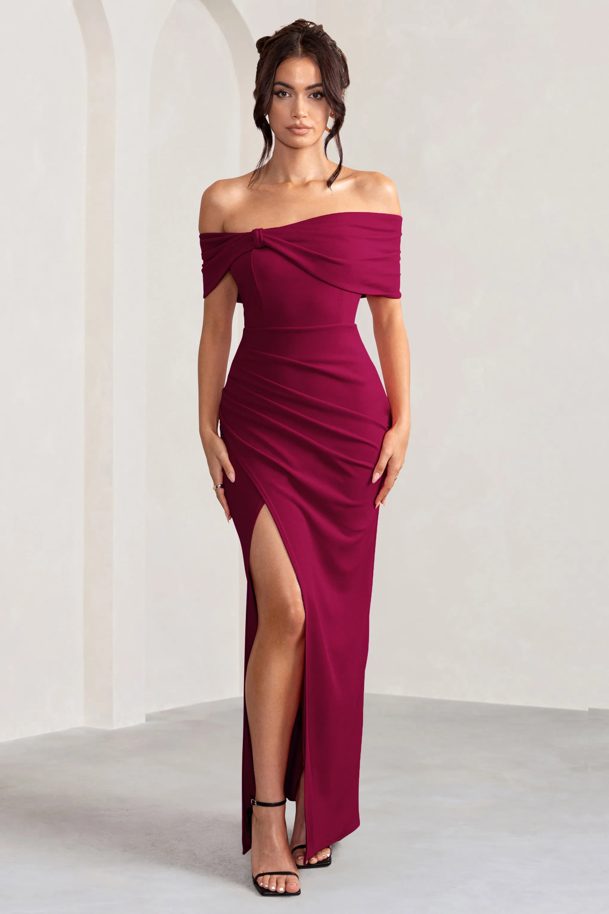 Eva | Burgundy Bardot Bow Detail Maxi Dress With Thigh Split sold by Club L London product image thumbnail 4