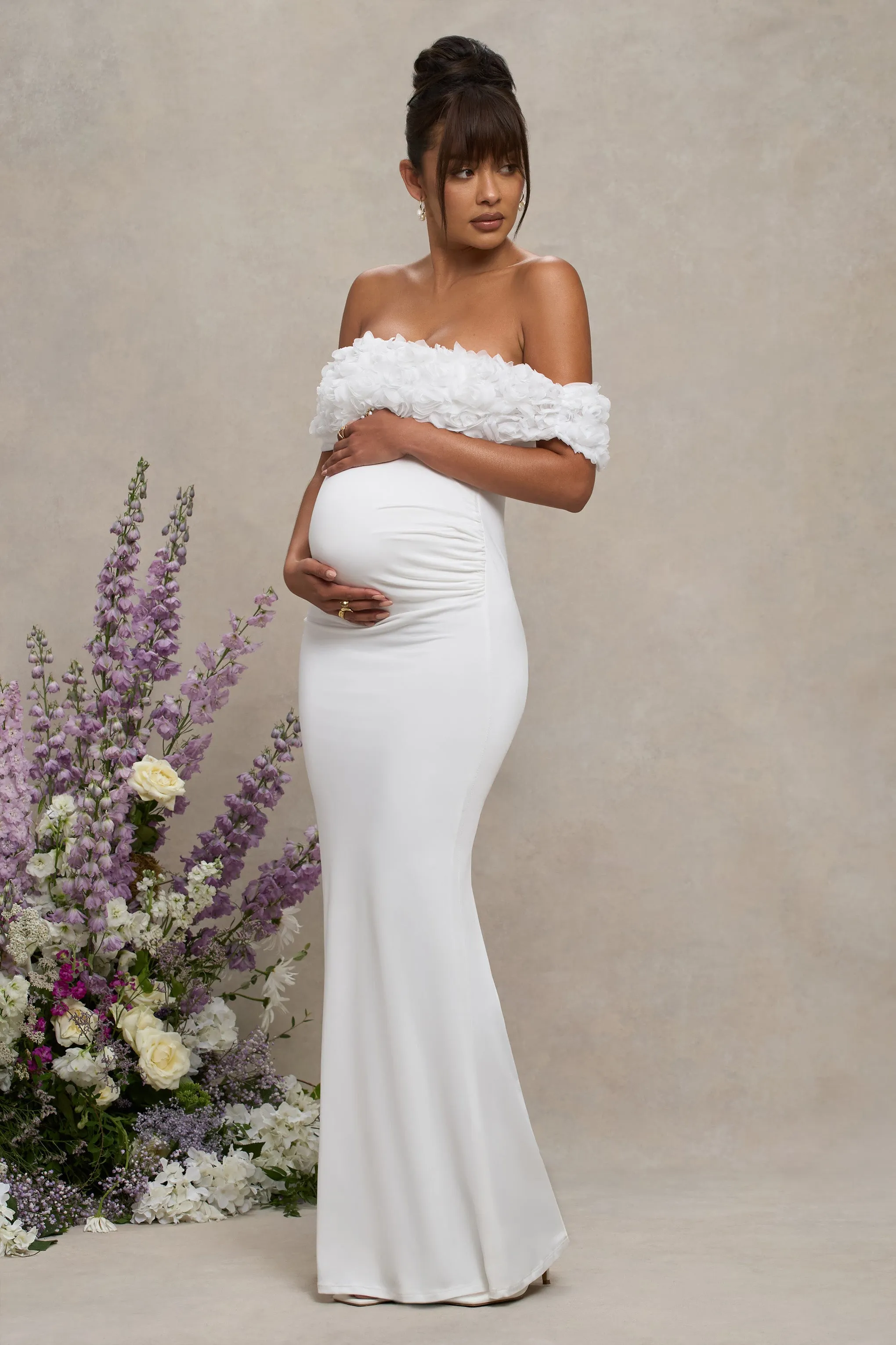 Inflorescence | White Mesh Floral Bardot Maternity Maxi Dress sold by Club L London product image thumbnail 3