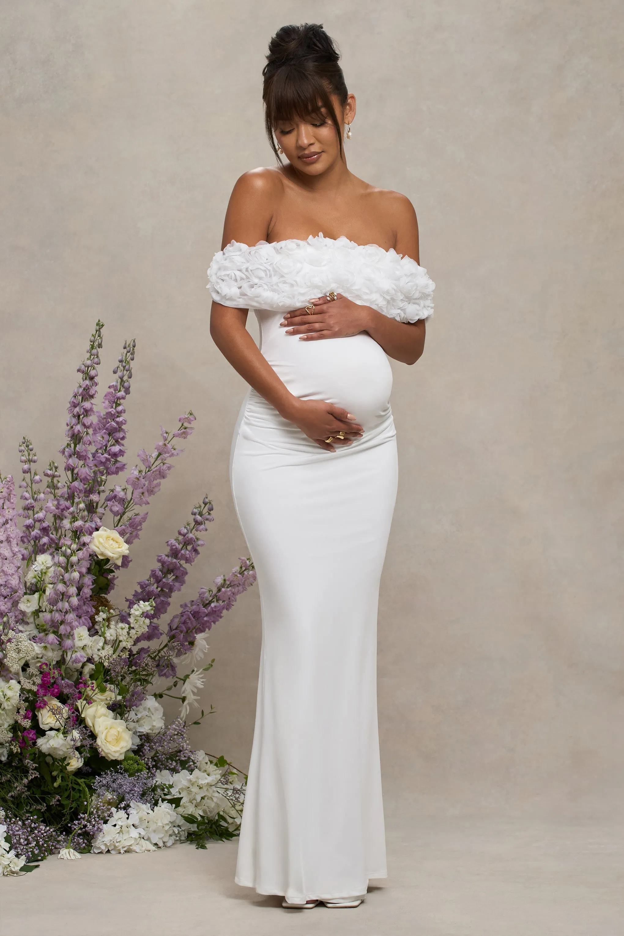 Inflorescence | White Mesh Floral Bardot Maternity Maxi Dress sold by Club L London