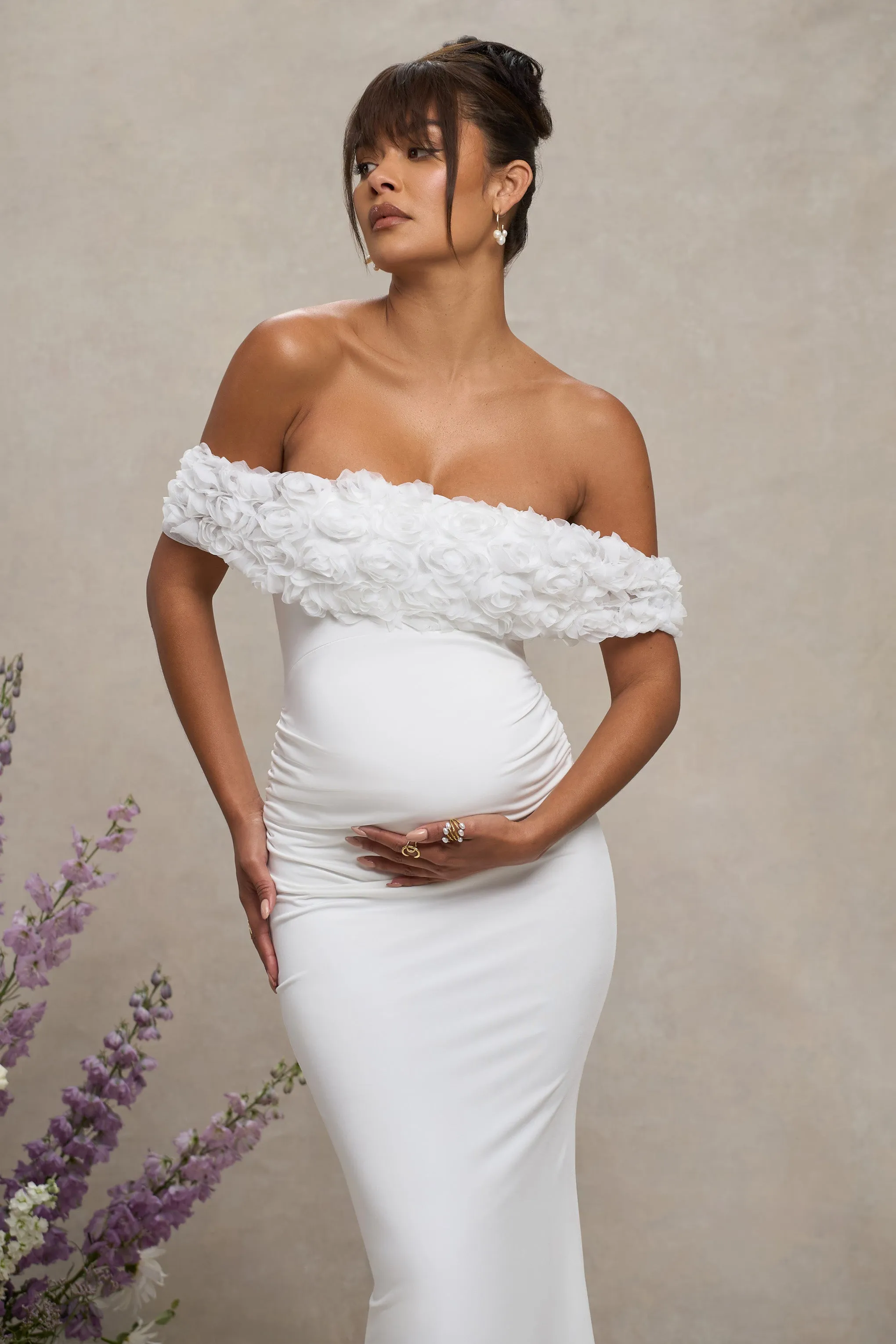 Inflorescence | White Mesh Floral Bardot Maternity Maxi Dress sold by Club L London product image thumbnail 5