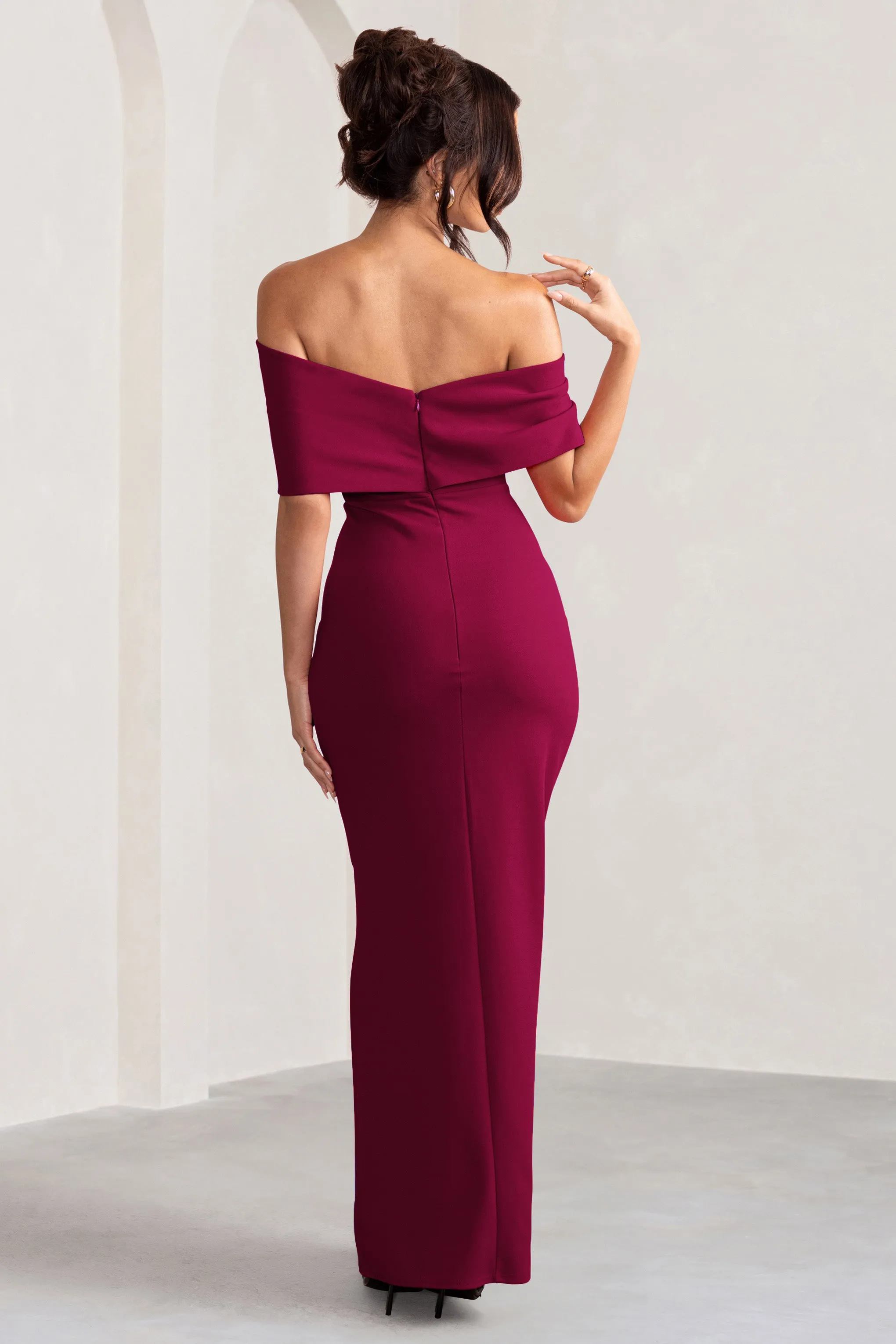 Eva | Burgundy Bardot Bow Detail Maxi Dress With Thigh Split sold by Club L London product image thumbnail 2
