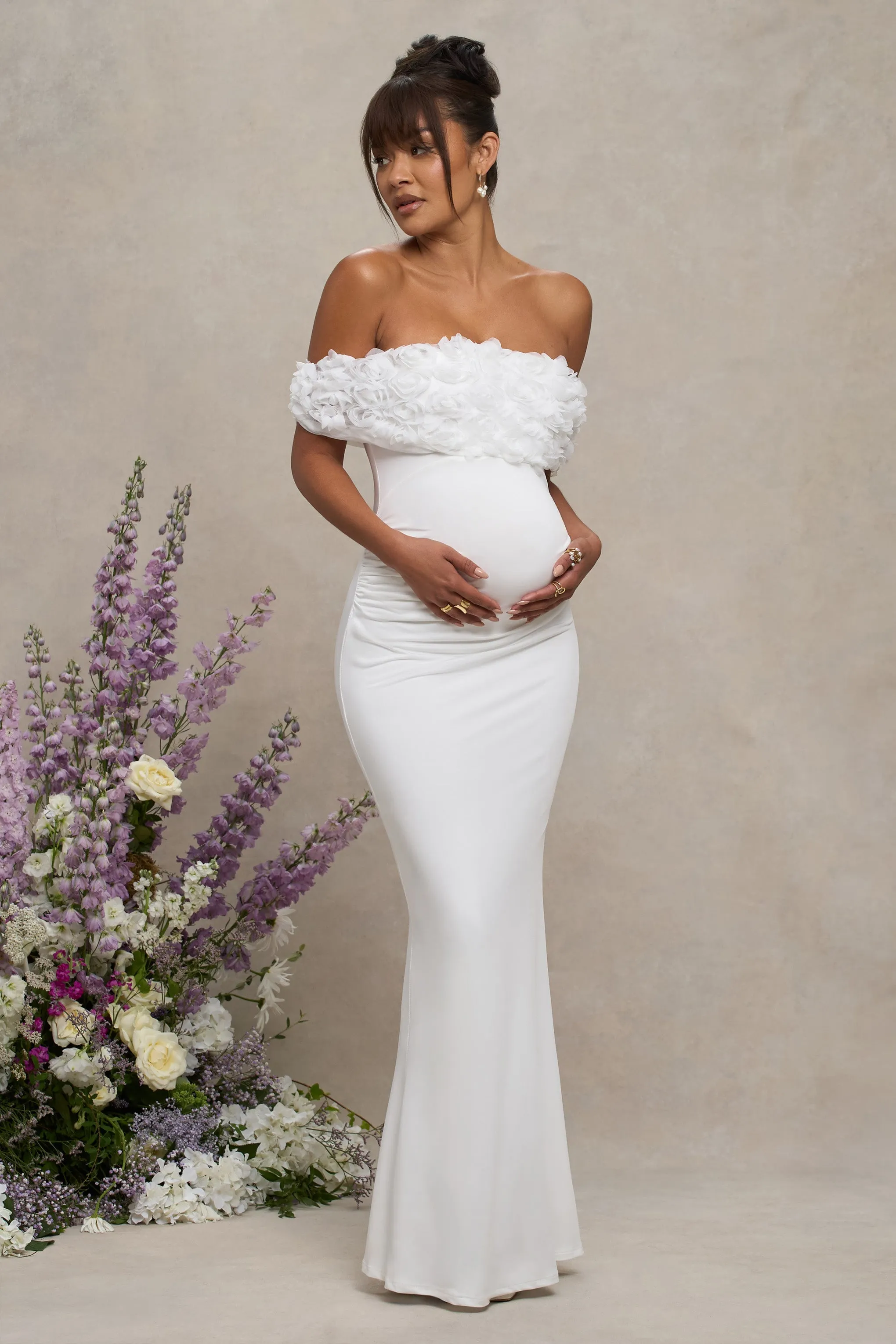 Inflorescence | White Mesh Floral Bardot Maternity Maxi Dress sold by Club L London product image thumbnail 4