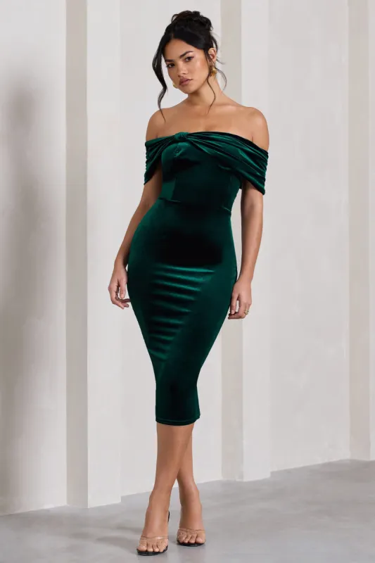 Snowflake | Bottle Green Velvet Bardot Bow Detail Midi Dress sold by Club L London