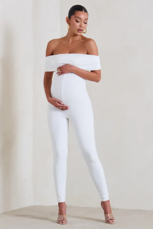 Carefully Crafted | White Maternity Bardot Fitted Jumpsuit sold by Club L London