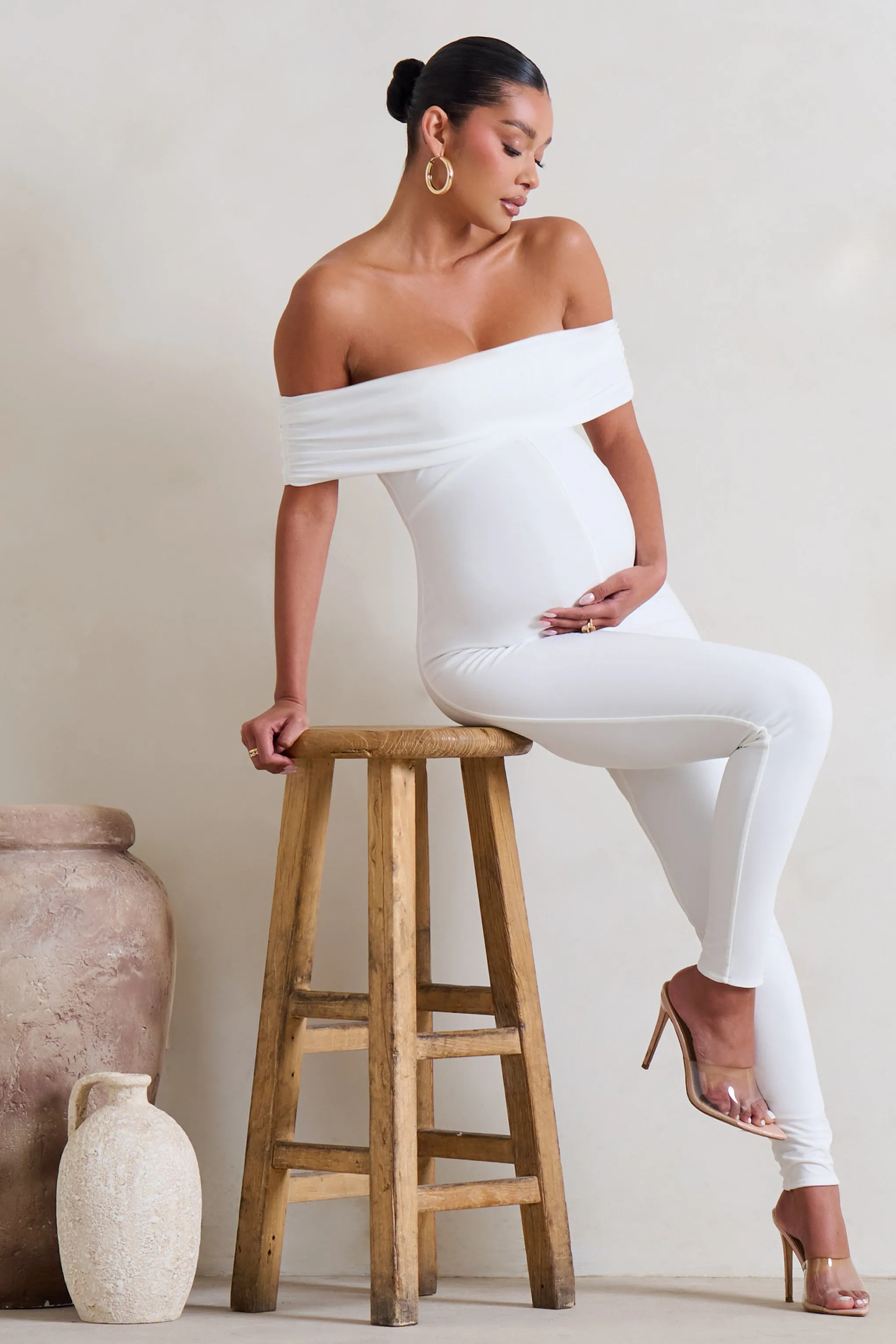 Carefully Crafted | White Maternity Bardot Fitted Jumpsuit sold by Club L London product image thumbnail 5