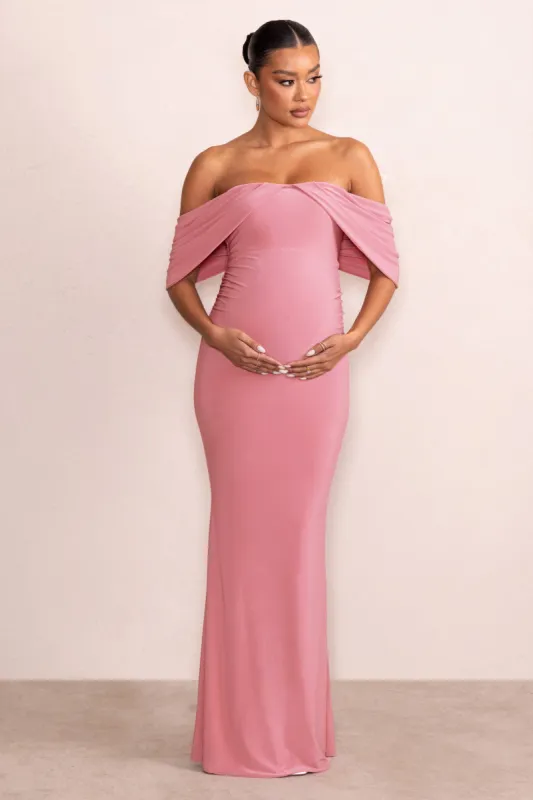 Asha | Blush Pink Draped Sleeve Bardot Maternity Maxi Dress sold by Club L London