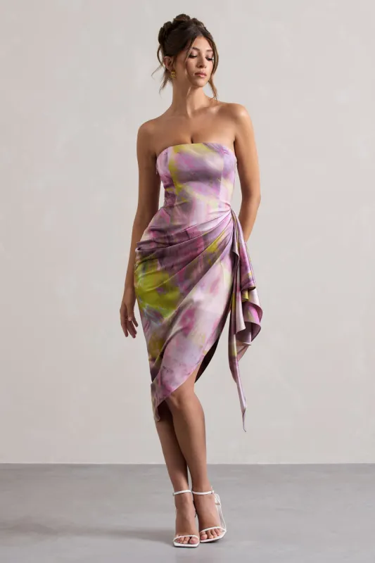 Axel | Lilac Print Satin Strapless Wrap Midi Dress sold by Club L London