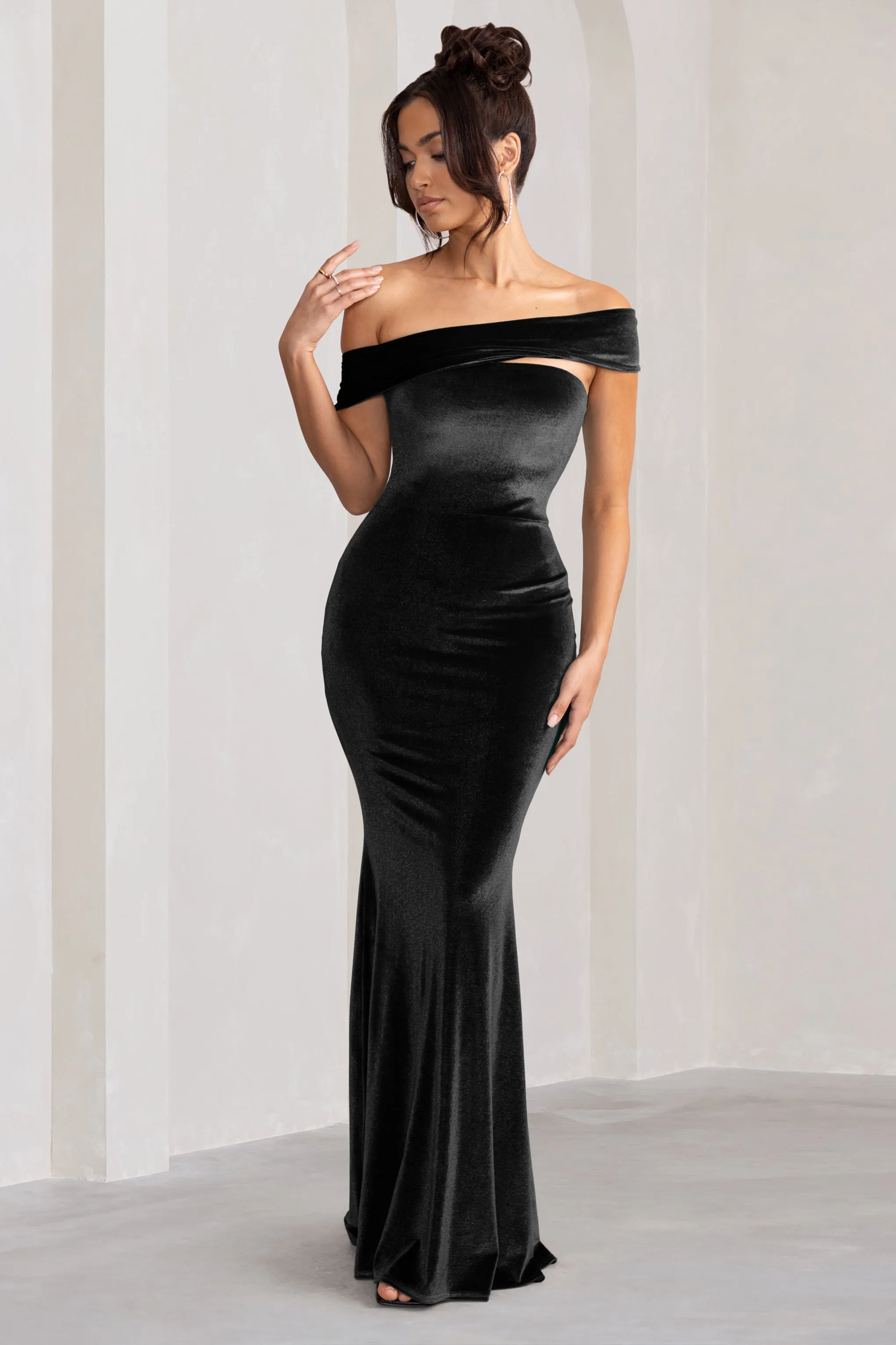 Candela | Black Velvet Asymmetric Bardot Maxi Dress sold by Club L London