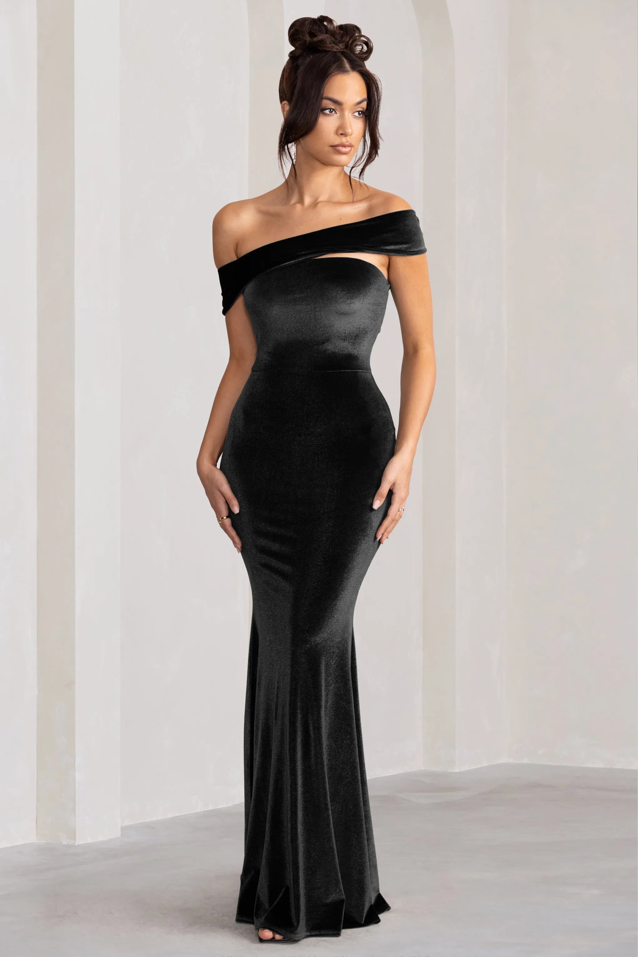 Candela | Black Velvet Asymmetric Bardot Maxi Dress sold by Club L London product image thumbnail 4