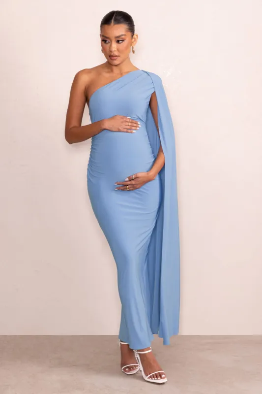 Amaryllis | Powder Blue Maternity One Shoulder Maxi Dress with Cape Sleeve sold by Club L London
