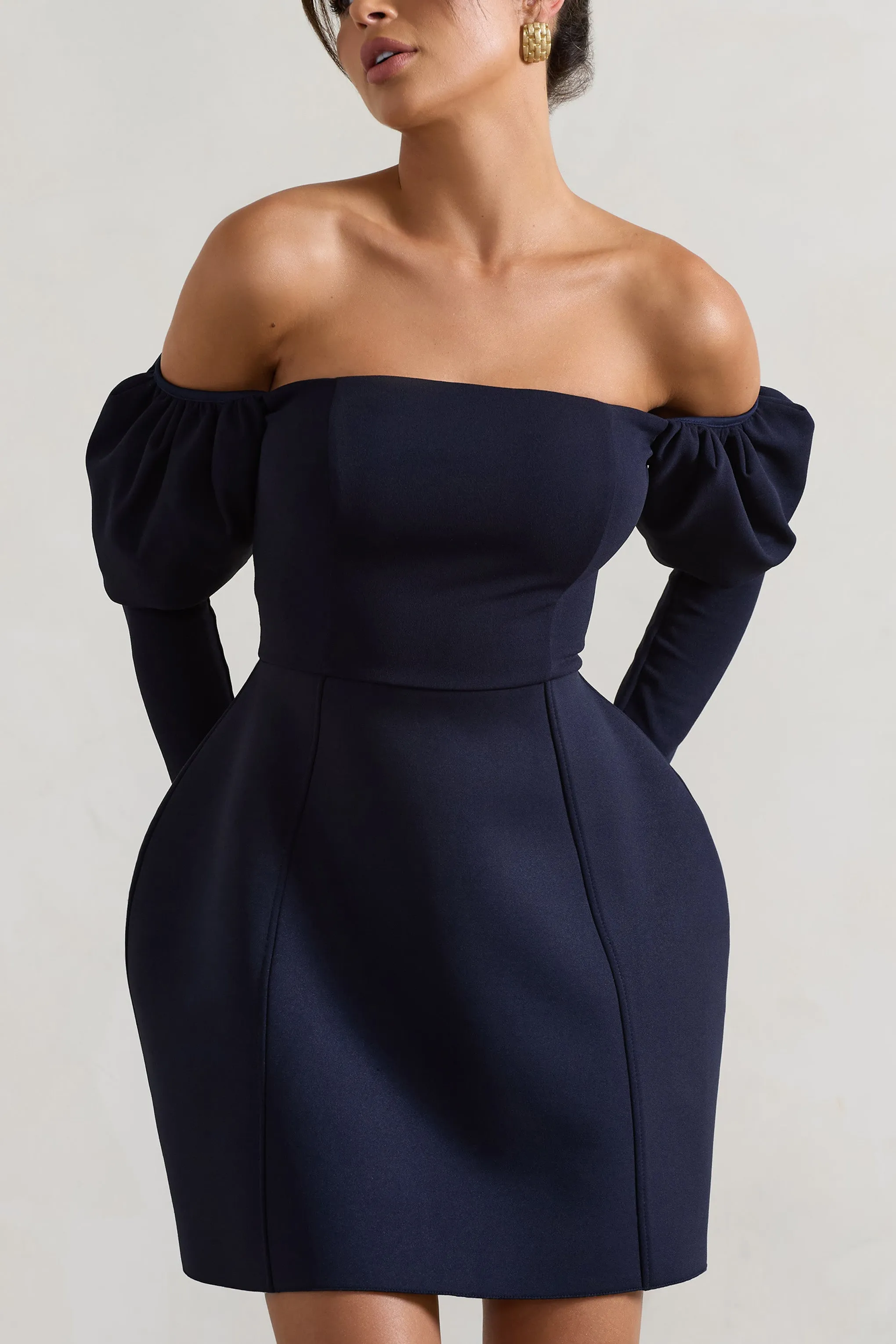 Evangeline | Navy Structured Bardot Puff-Sleeve Mini Dress sold by Club L London product image thumbnail 3