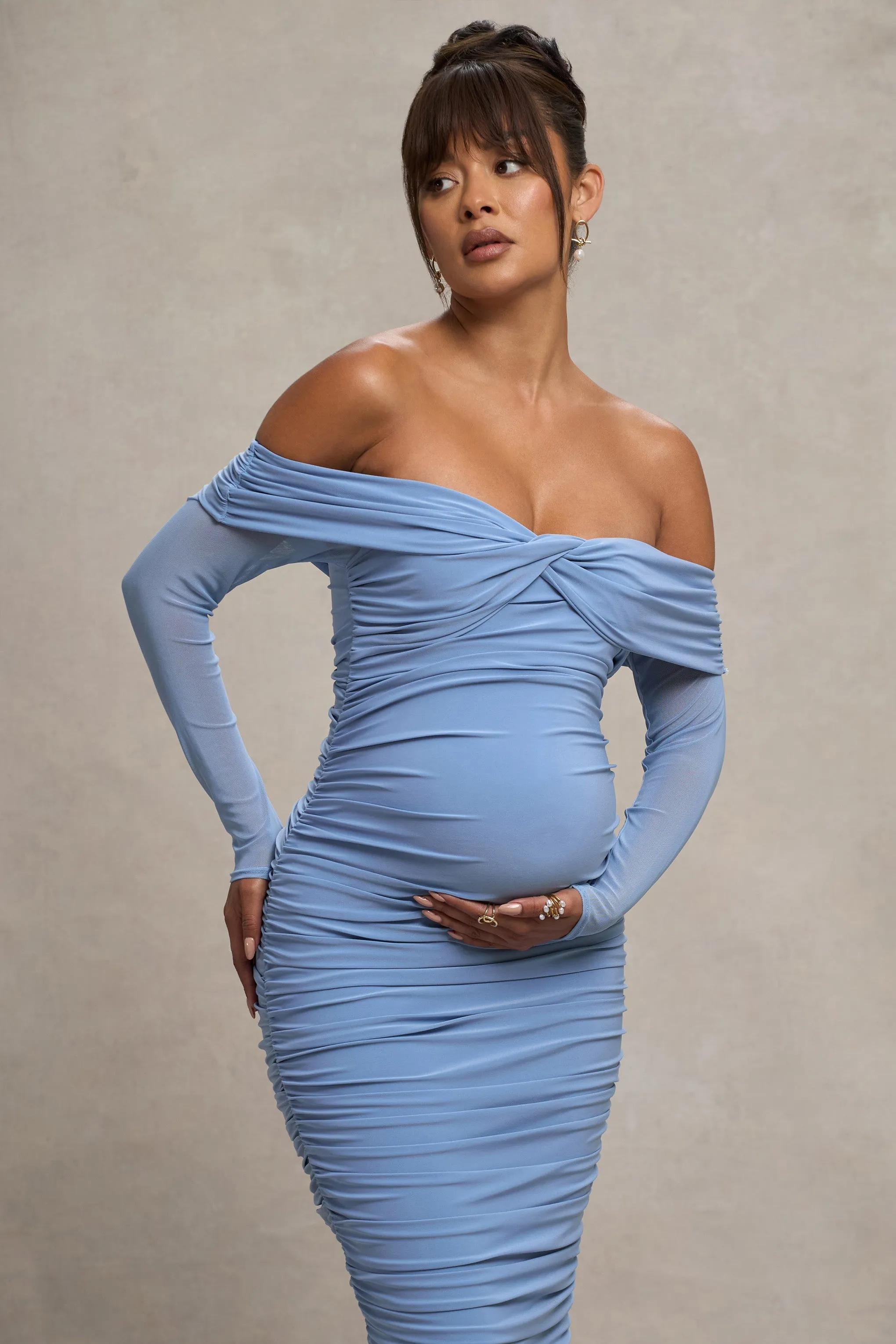 Neva | Powder Blue Bardot Twist Maternity Midi Dress sold by Club L London product image thumbnail 3