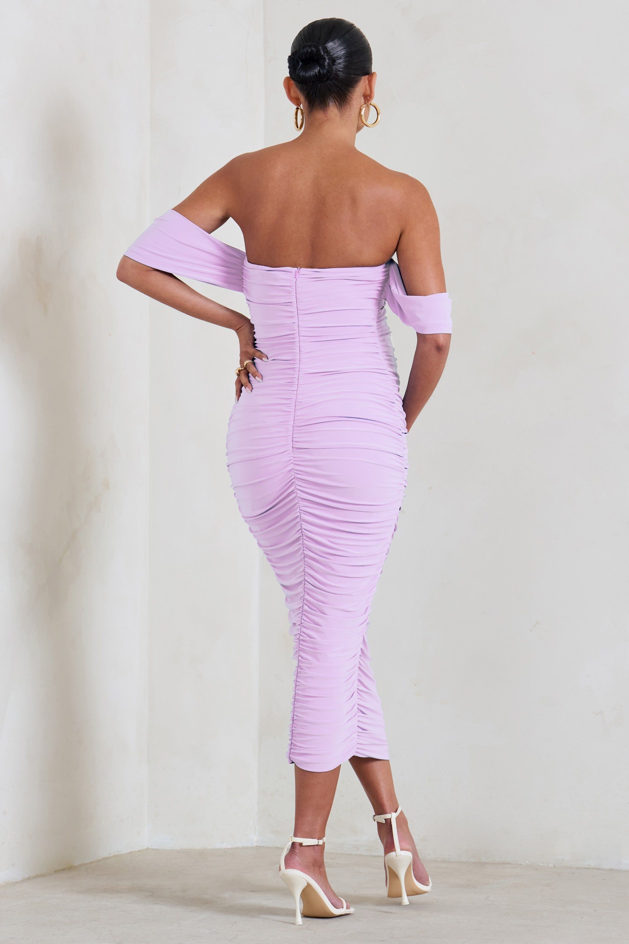 Plus One | Lilac Maternity Ruched Bardot Midi Dress sold by Club L London product image thumbnail 2