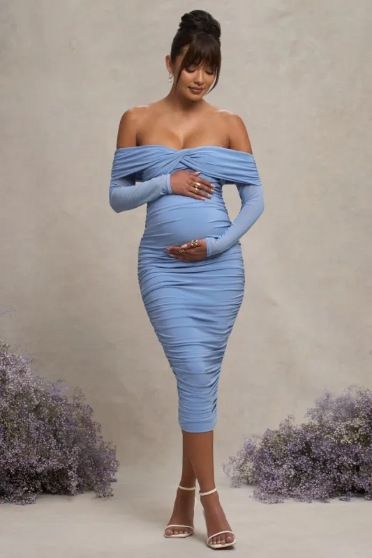 Neva | Powder Blue Bardot Twist Maternity Midi Dress sold by Club L London