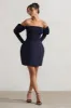 Evangeline | Navy Structured Bardot Puff-Sleeve Mini Dress sold by Club L London