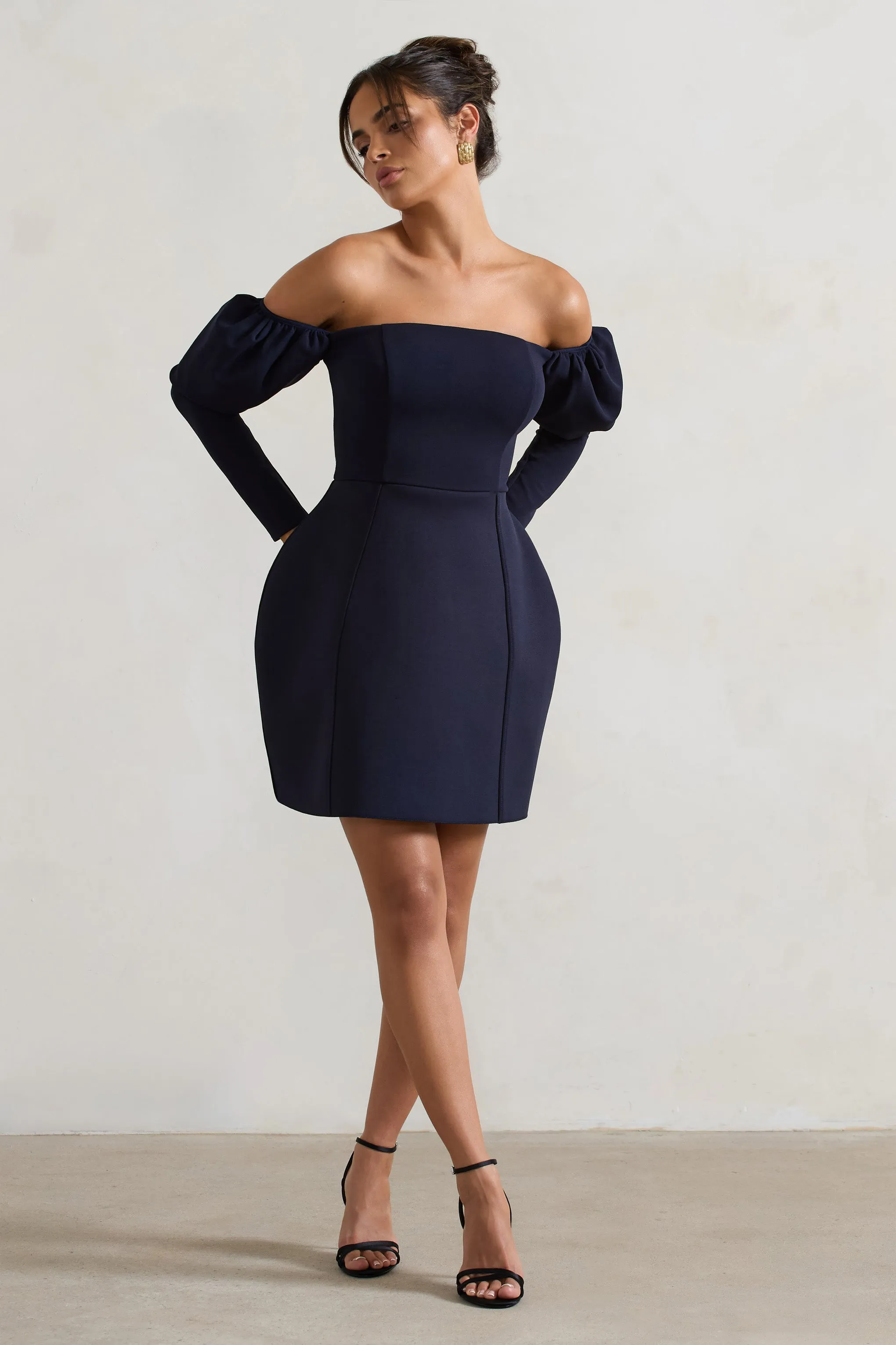 Evangeline | Navy Structured Bardot Puff-Sleeve Mini Dress sold by Club L London product image thumbnail 5