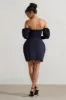 Evangeline | Navy Structured Bardot Puff-Sleeve Mini Dress sold by Club L London