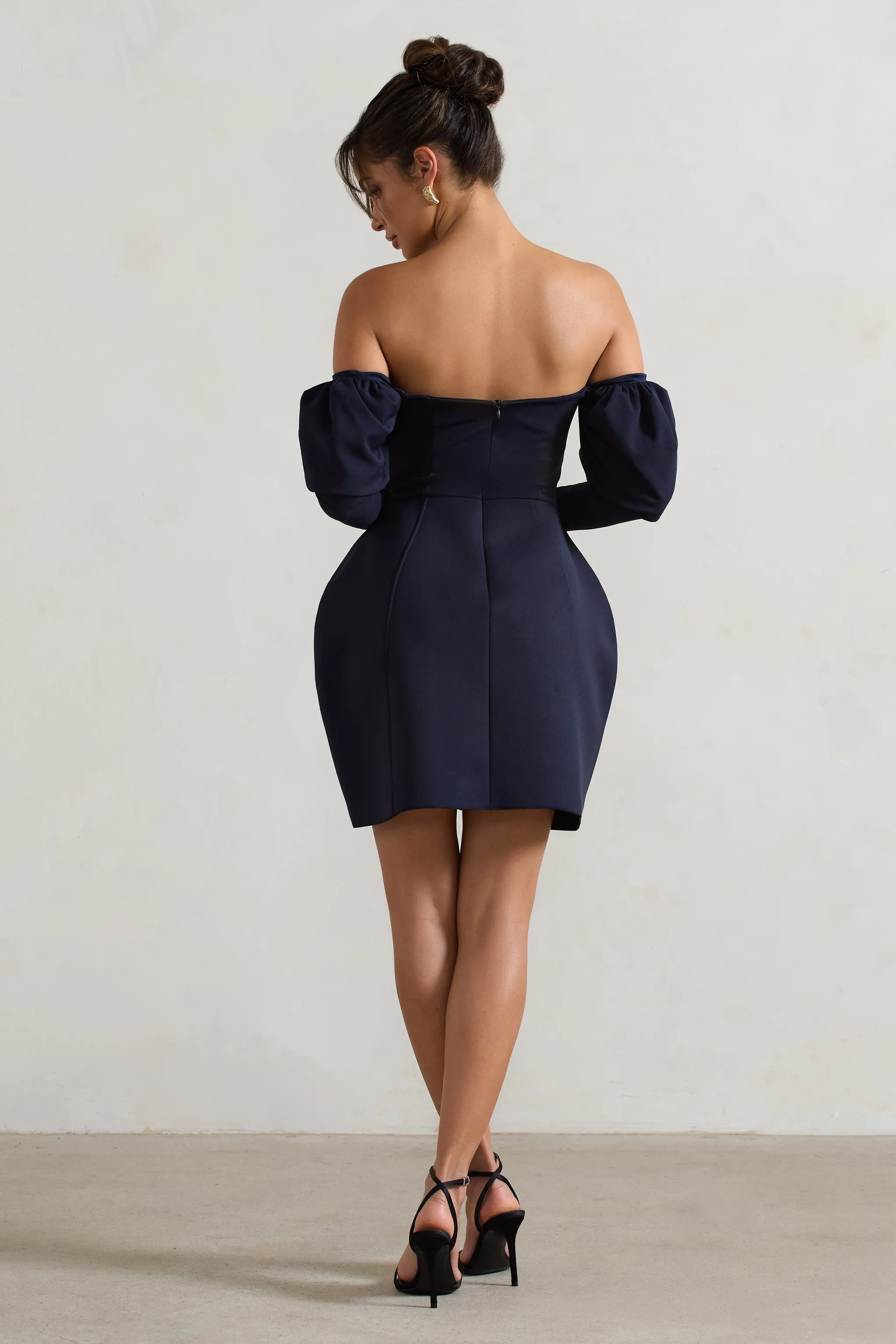 Evangeline | Navy Structured Bardot Puff-Sleeve Mini Dress sold by Club L London product image thumbnail 2