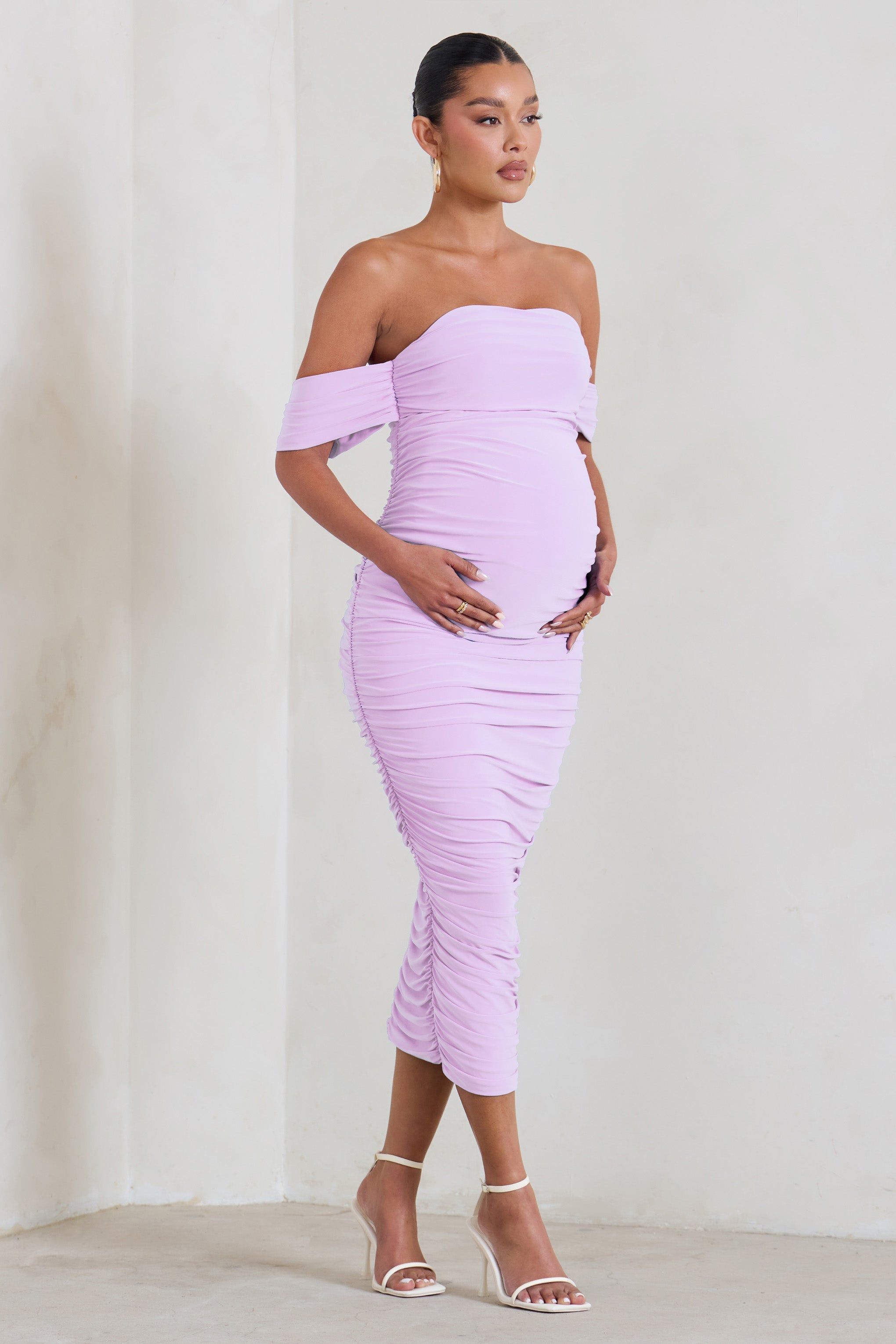 Plus One | Lilac Maternity Ruched Bardot Midi Dress sold by Club L London product image thumbnail 4