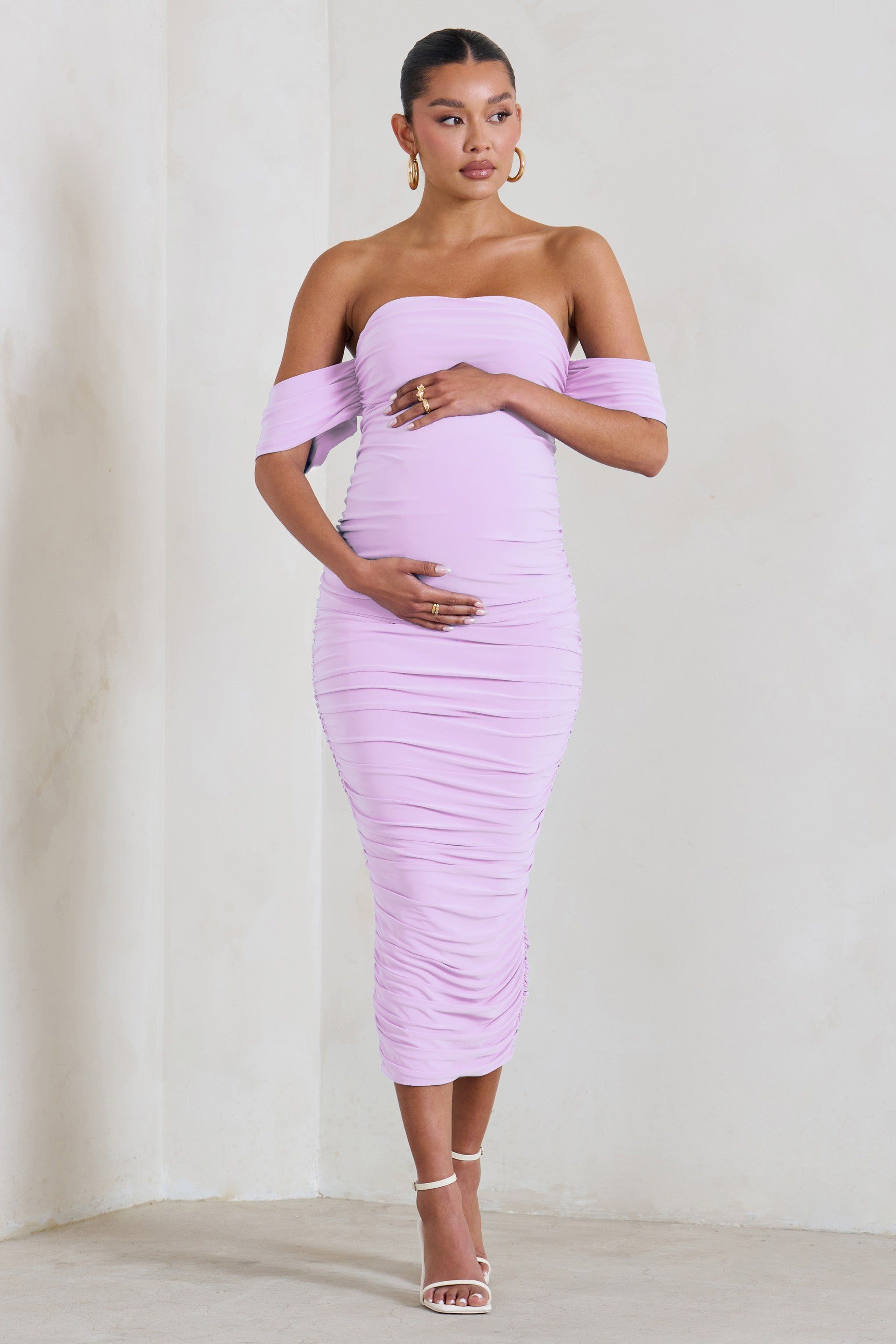 Plus One | Lilac Maternity Ruched Bardot Midi Dress sold by Club L London