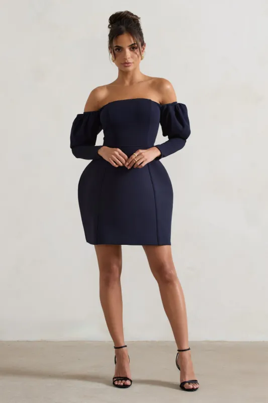 Evangeline | Navy Structured Bardot Puff-Sleeve Mini Dress sold by Club L London
