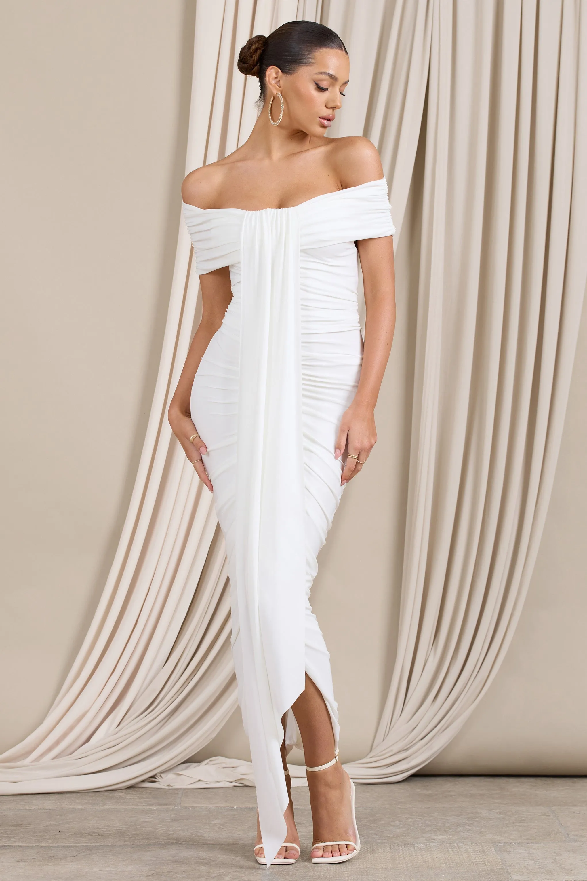 Camrin | White Ruched Bardot Maxi Dress With Train Detail sold by Club L London product image thumbnail 5