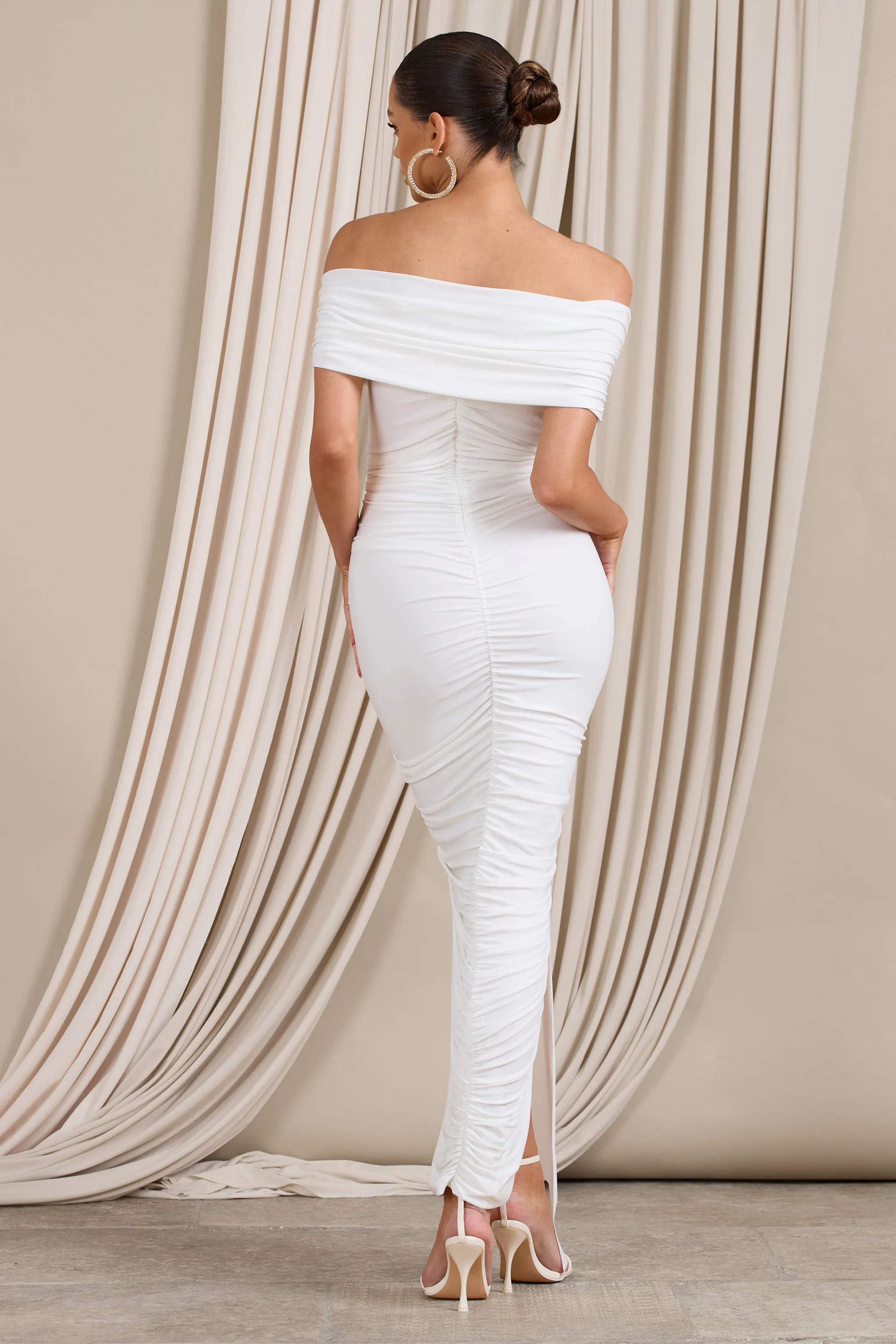 Camrin | White Ruched Bardot Maxi Dress With Train Detail sold by Club L London product image thumbnail 2