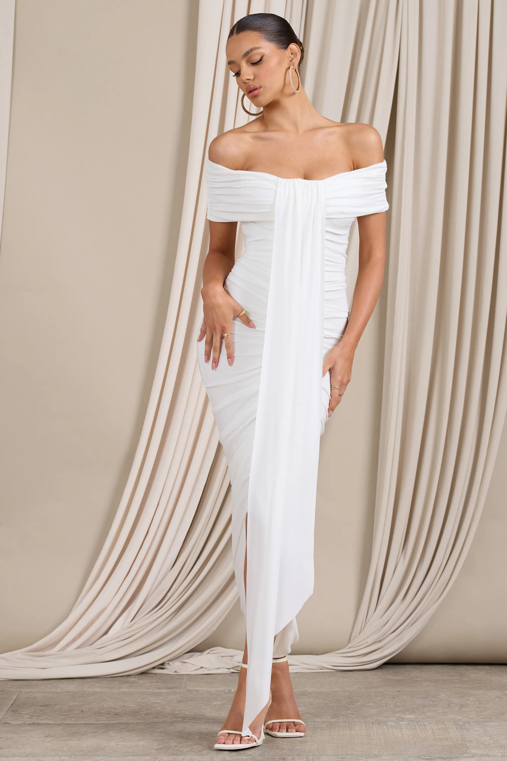 Camrin | White Ruched Bardot Maxi Dress With Train Detail sold by Club L London product image thumbnail 4