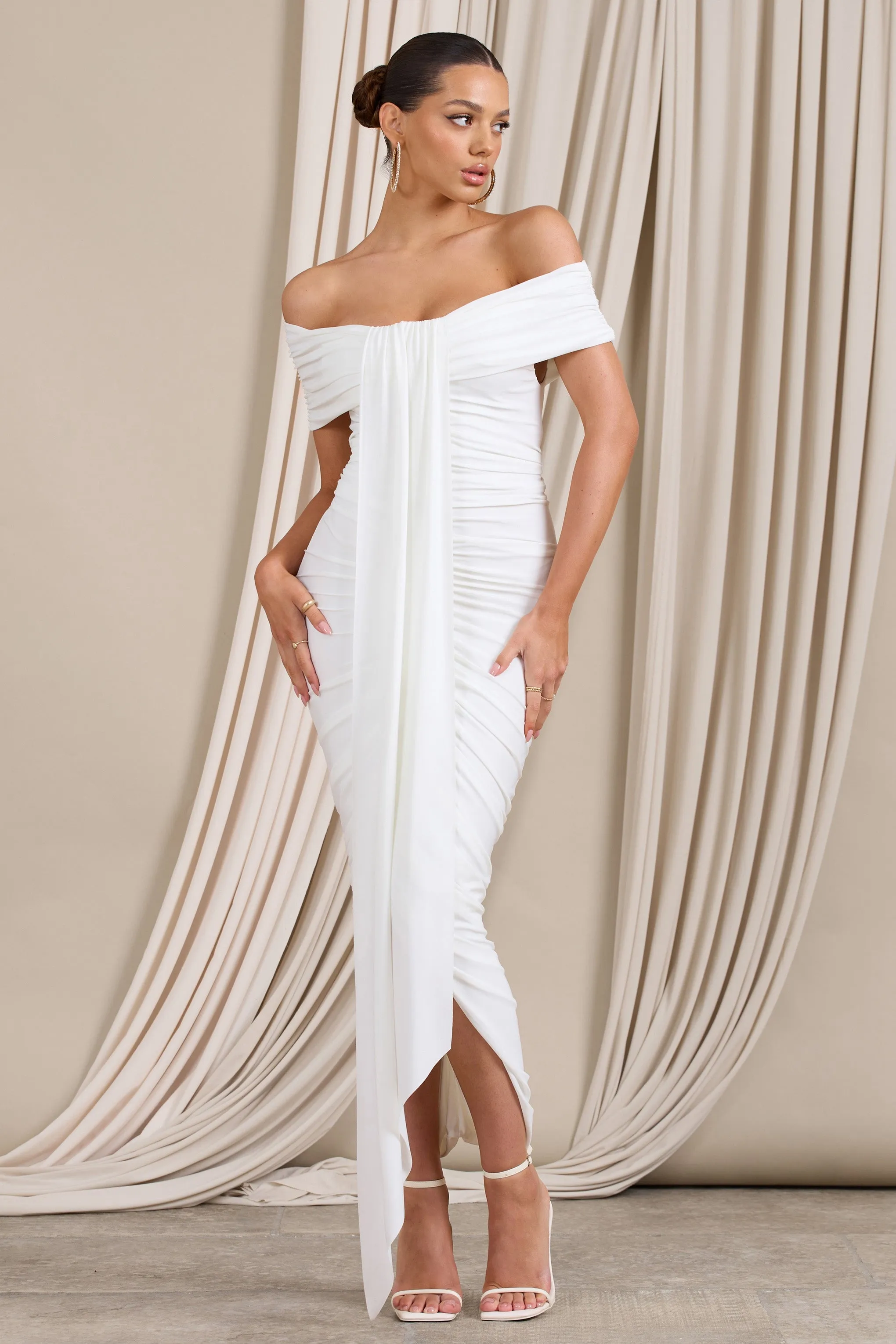 Camrin | White Ruched Bardot Maxi Dress With Train Detail sold by Club L London
