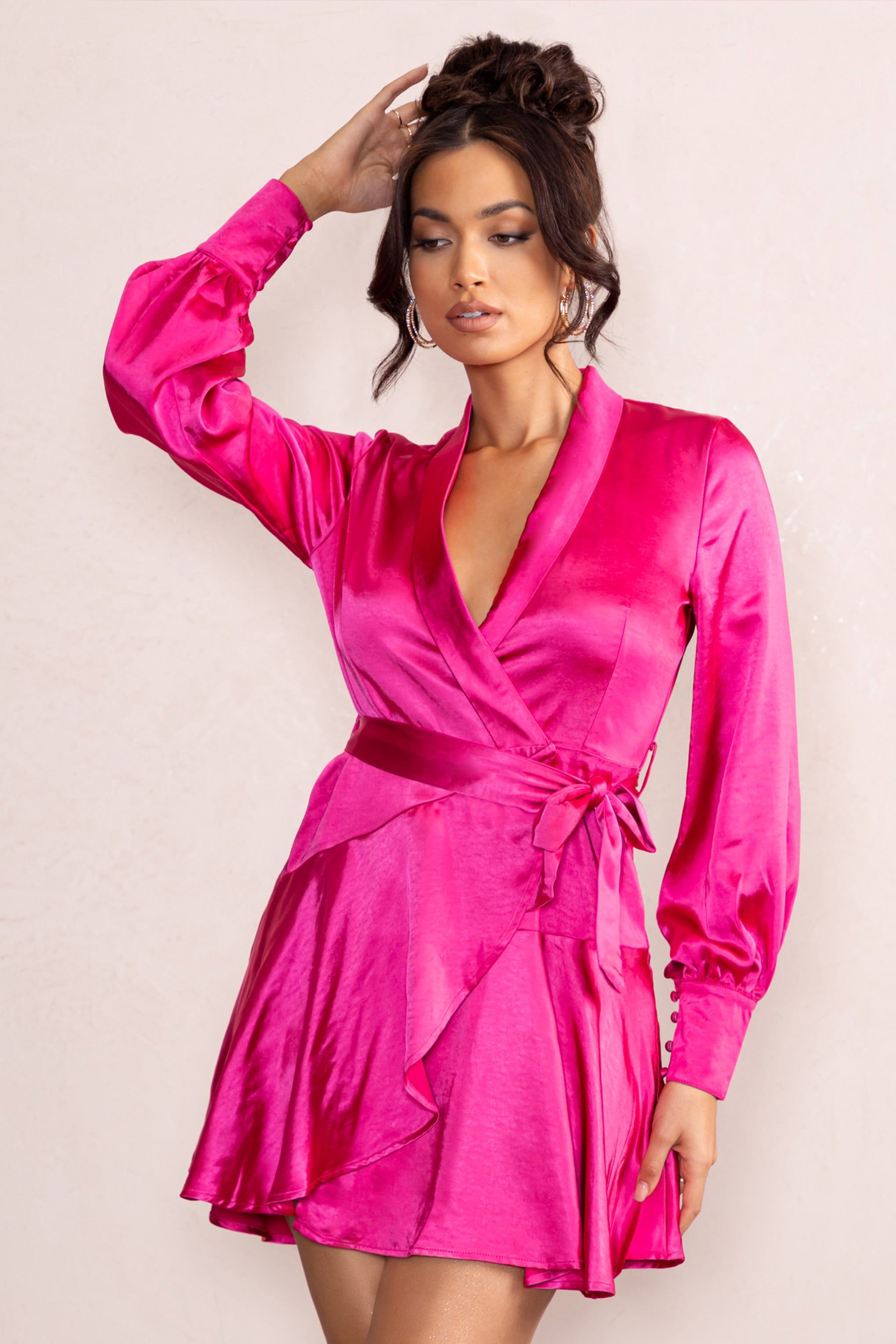 Gemstone | Hot Pink Satin Belted Wrap Mini Dress sold by Club L London