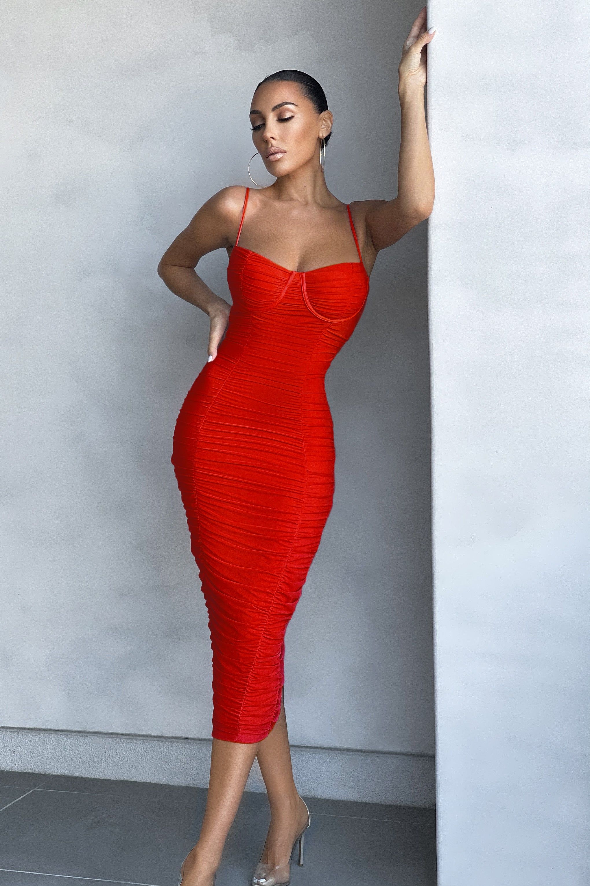 Love Tapes | Red Corset Mesh Midi Dress sold by Club L London
