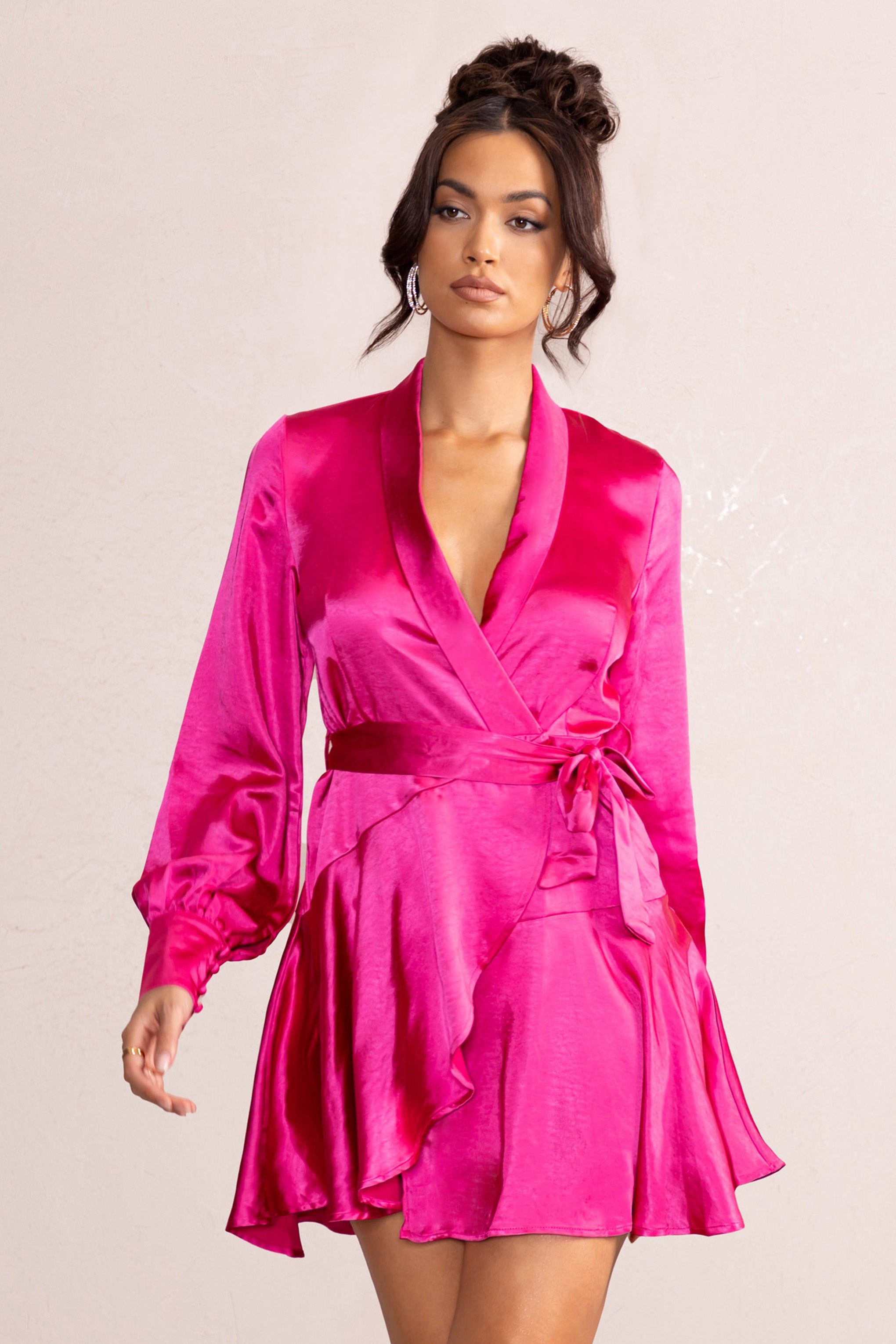 Gemstone | Hot Pink Satin Belted Wrap Mini Dress sold by Club L London product image thumbnail 5