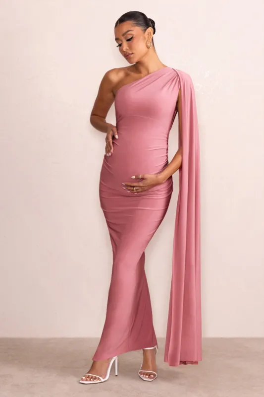 Amaryllis | Blush Pink Maternity One Shoulder Maxi Dress with Cape Sleeve made by Club L London